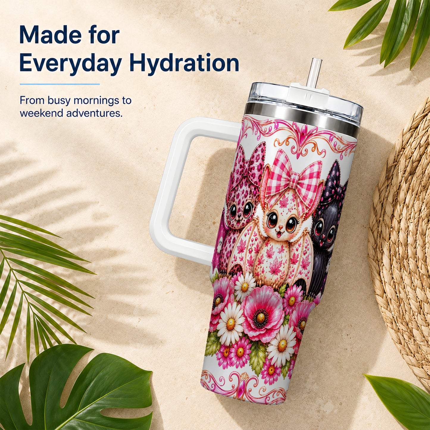 #pl[40oz|White] Pink Halloween Bats 40oz Tumbler, Floral Stainless Steel Travel Cup