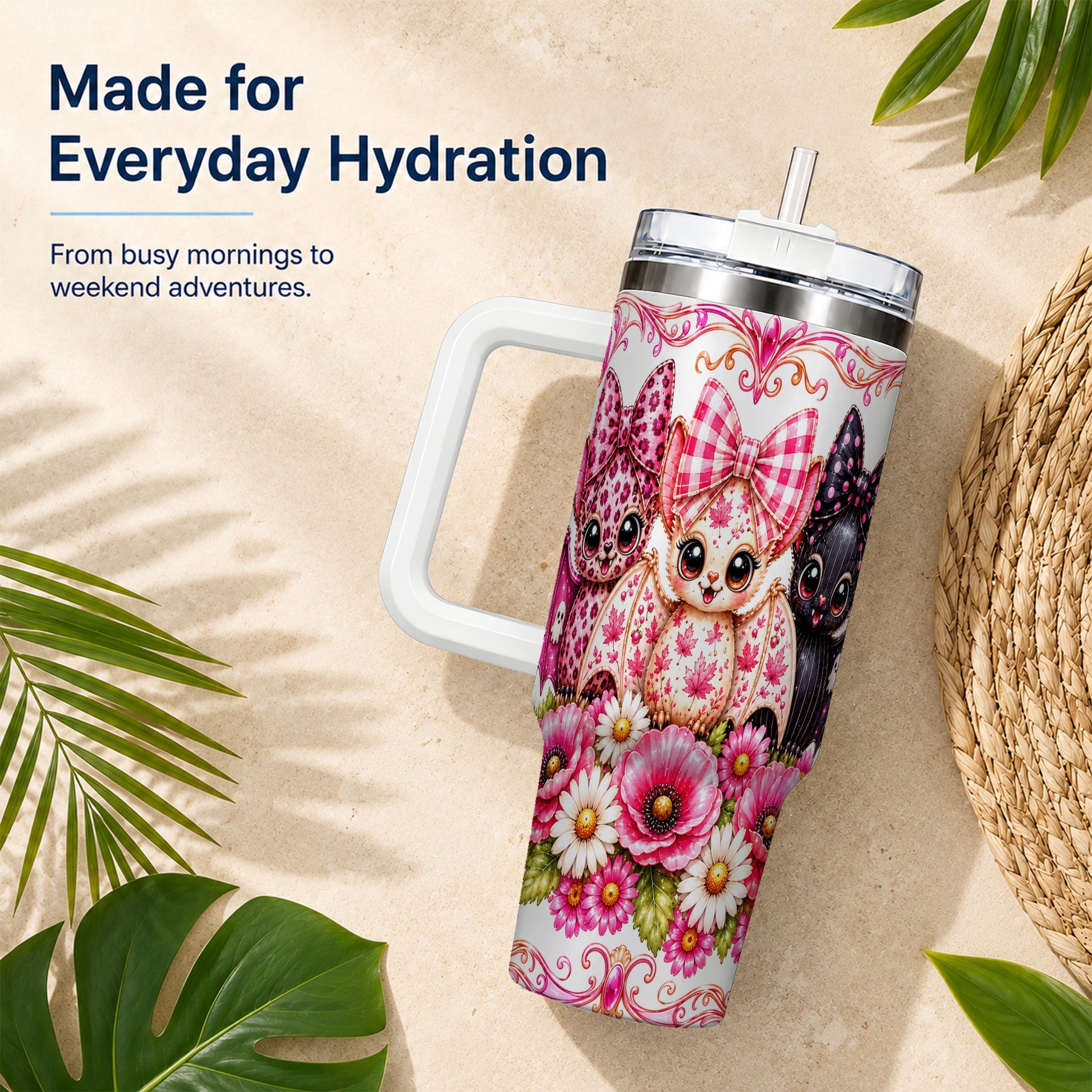 #pl[40oz|White] Pink Halloween Bats 40oz Tumbler, Floral Stainless Steel Travel Cup