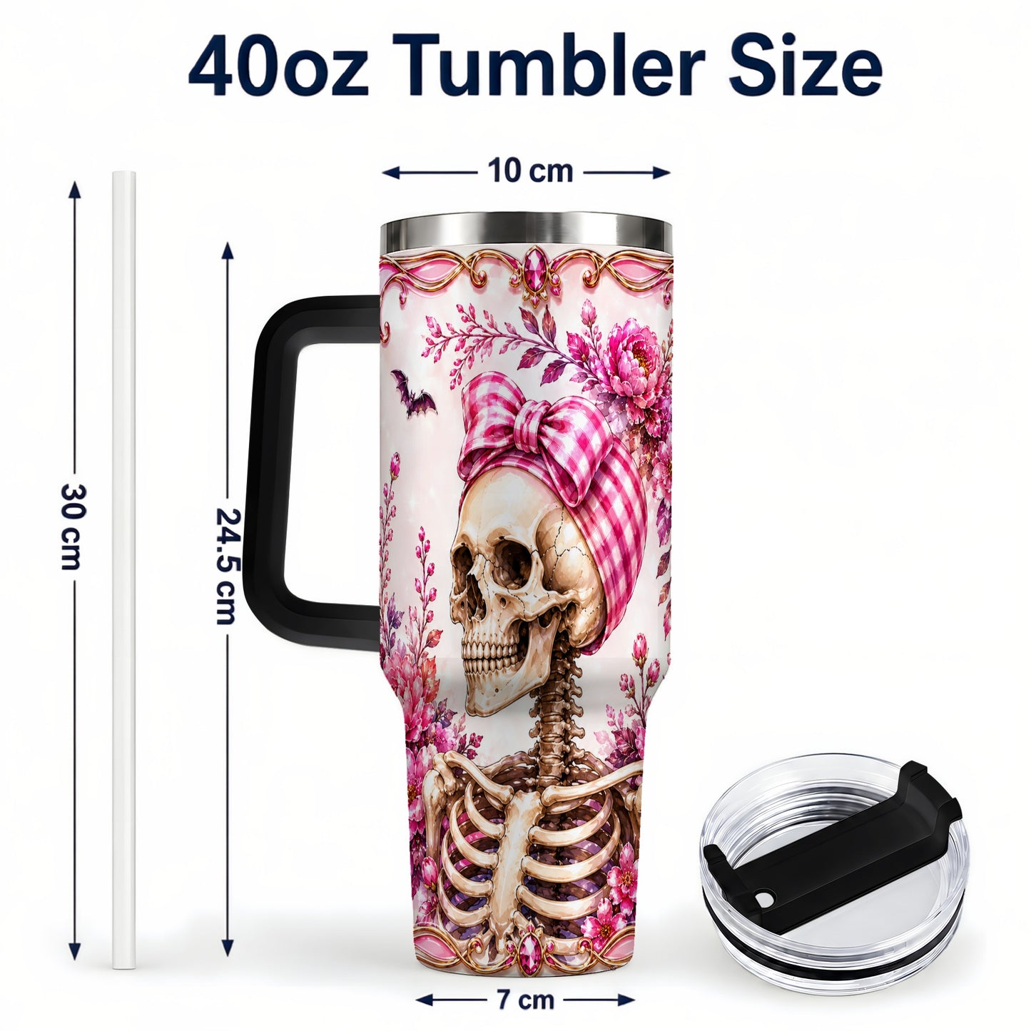 #pl[40oz|Black] Pink Floral Skeleton 40oz Tumbler, Skull Stainless Steel Travel Cup