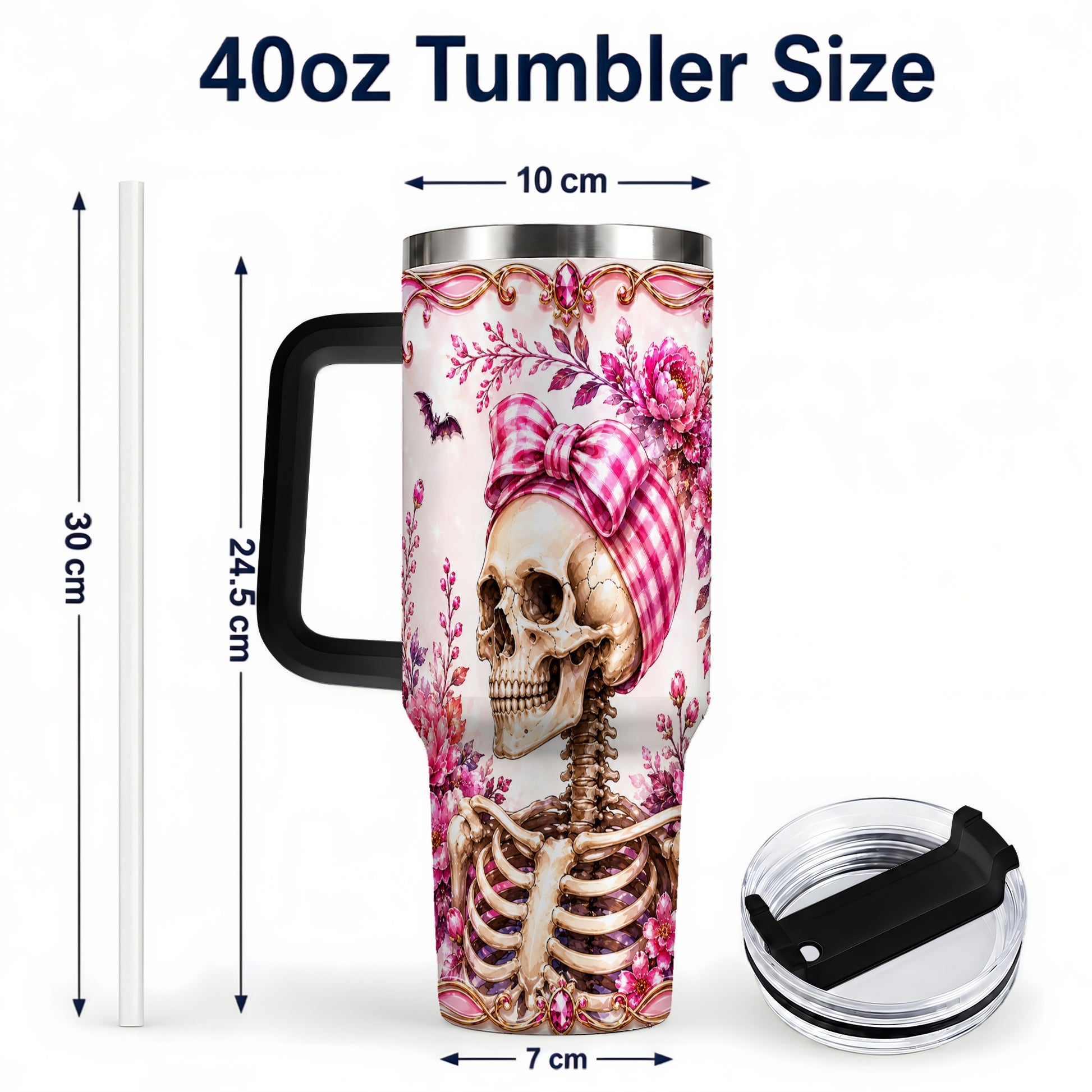 #pl[40oz|Black] Pink Floral Skeleton 40oz Tumbler, Skull Stainless Steel Travel Cup