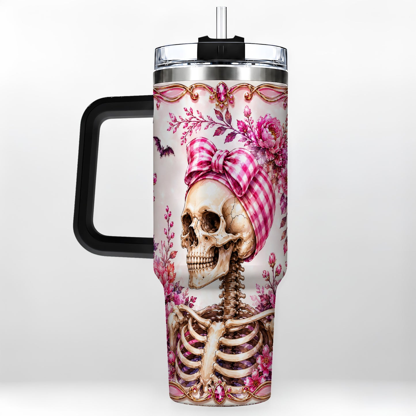 #pl[40oz|Black] Pink Floral Skeleton 40oz Tumbler, Skull Stainless Steel Travel Cup