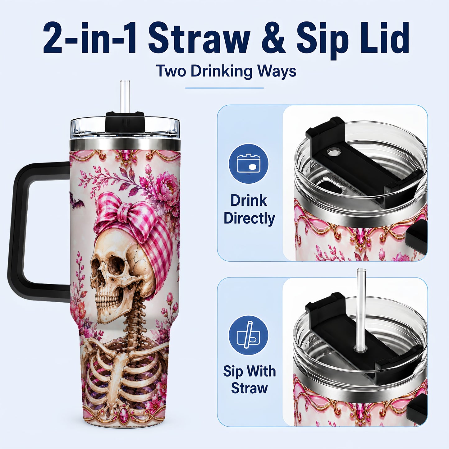 #pl[40oz|Black] Pink Floral Skeleton 40oz Tumbler, Skull Stainless Steel Travel Cup