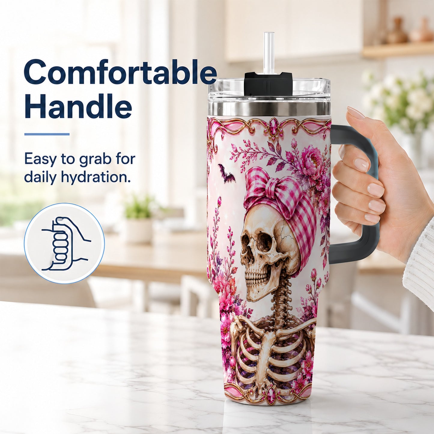 #pl[40oz|Black] Pink Floral Skeleton 40oz Tumbler, Skull Stainless Steel Travel Cup