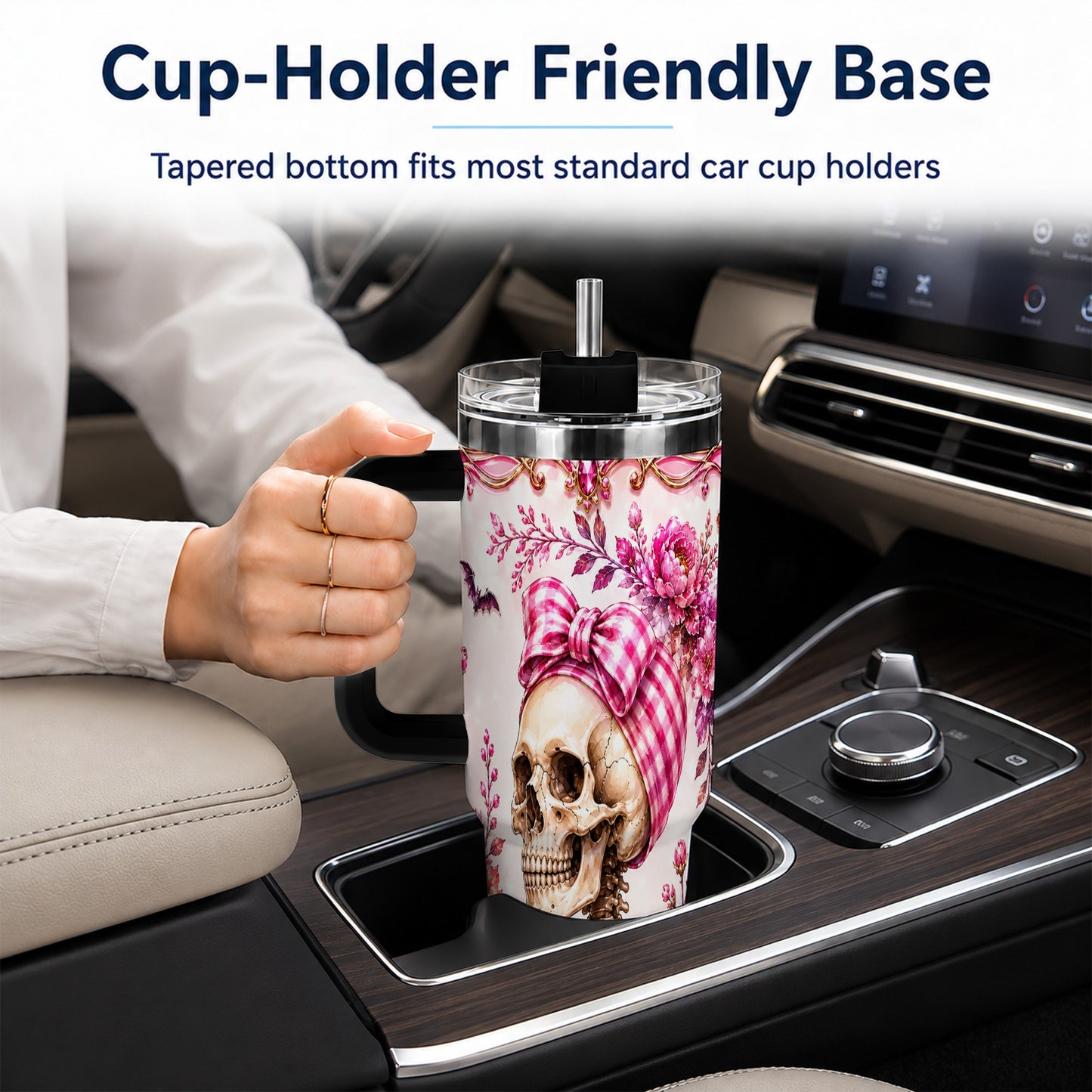 #pl[40oz|Black] Pink Floral Skeleton 40oz Tumbler, Skull Stainless Steel Travel Cup