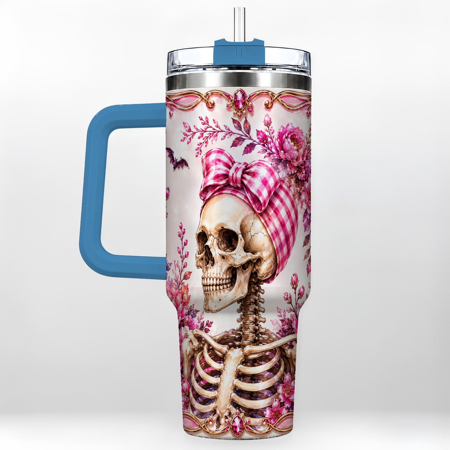 #pl[40oz|Blue] Pink Floral Skeleton 40oz Tumbler, Skull Stainless Steel Travel Cup