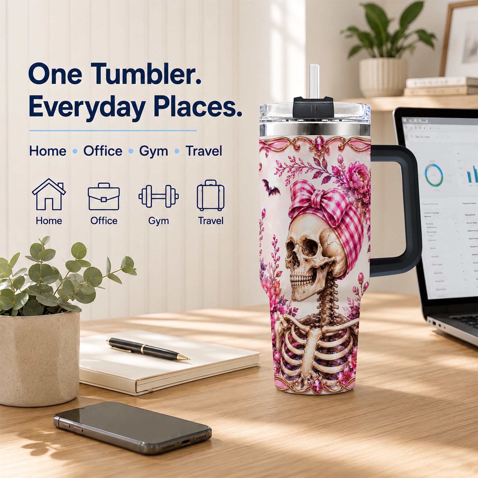 #pl[40oz|Black] Pink Floral Skeleton 40oz Tumbler, Skull Stainless Steel Travel Cup