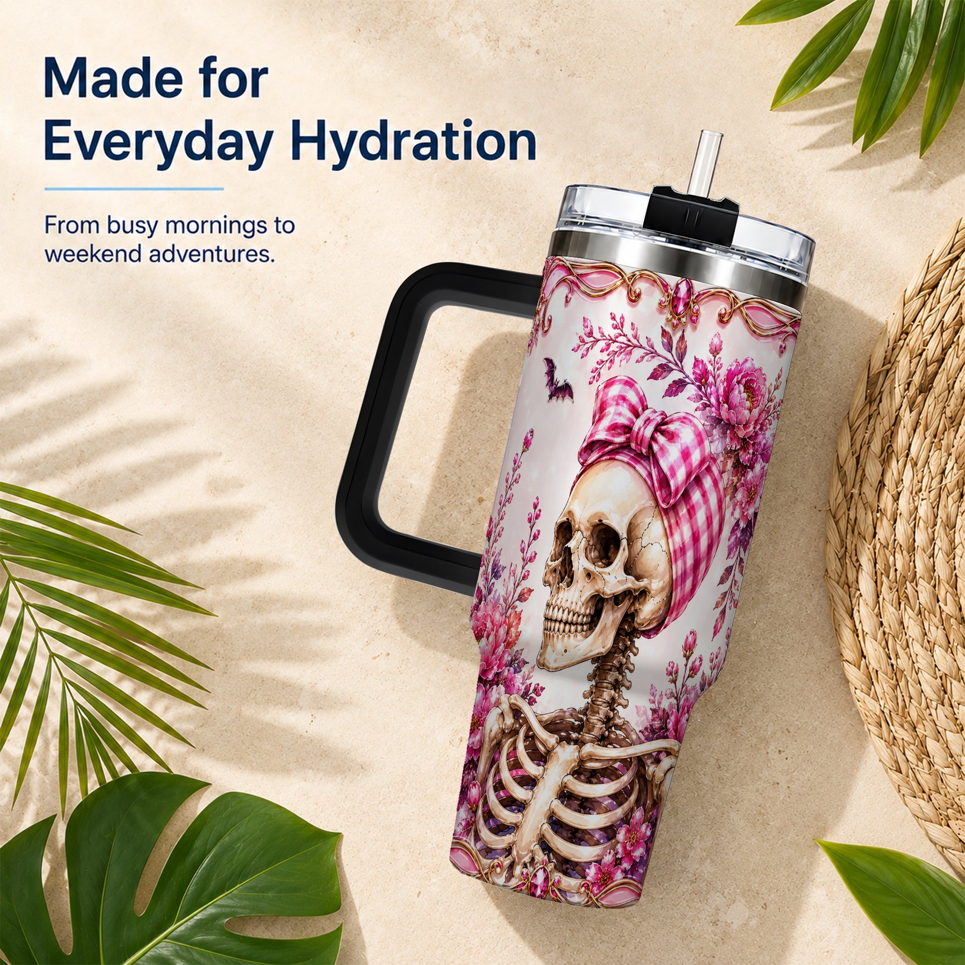 #pl[40oz|Black] Pink Floral Skeleton 40oz Tumbler, Skull Stainless Steel Travel Cup