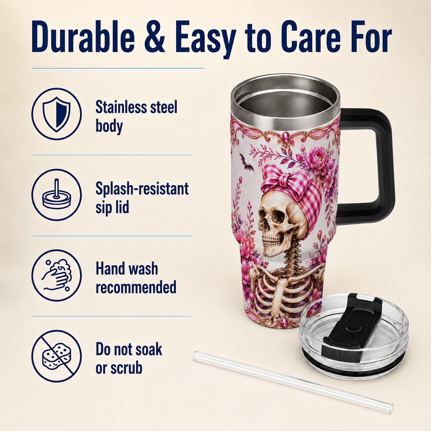 #pl[40oz|Black] Pink Floral Skeleton 40oz Tumbler, Skull Stainless Steel Travel Cup