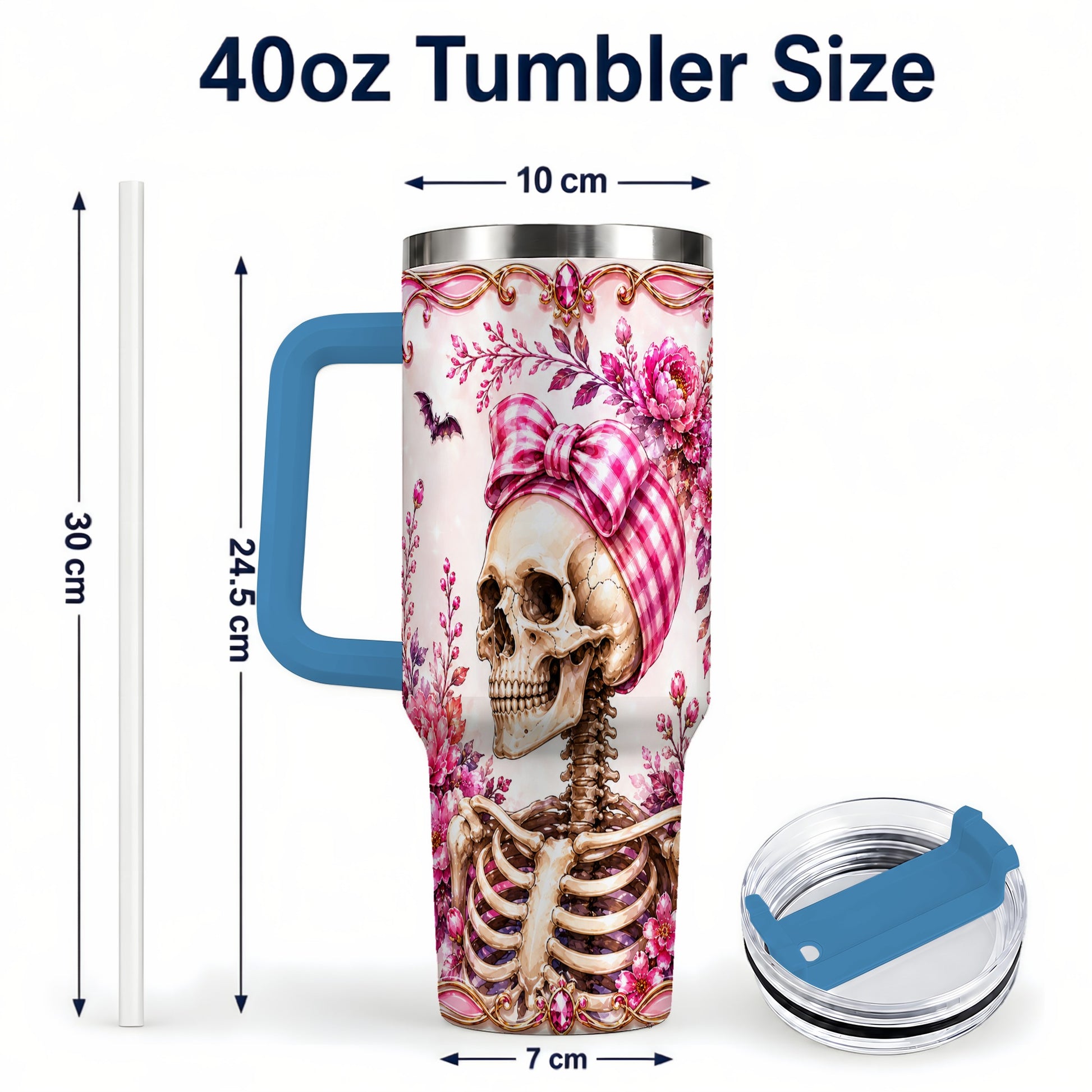 #pl[40oz|Blue] Pink Floral Skeleton 40oz Tumbler, Skull Stainless Steel Travel Cup