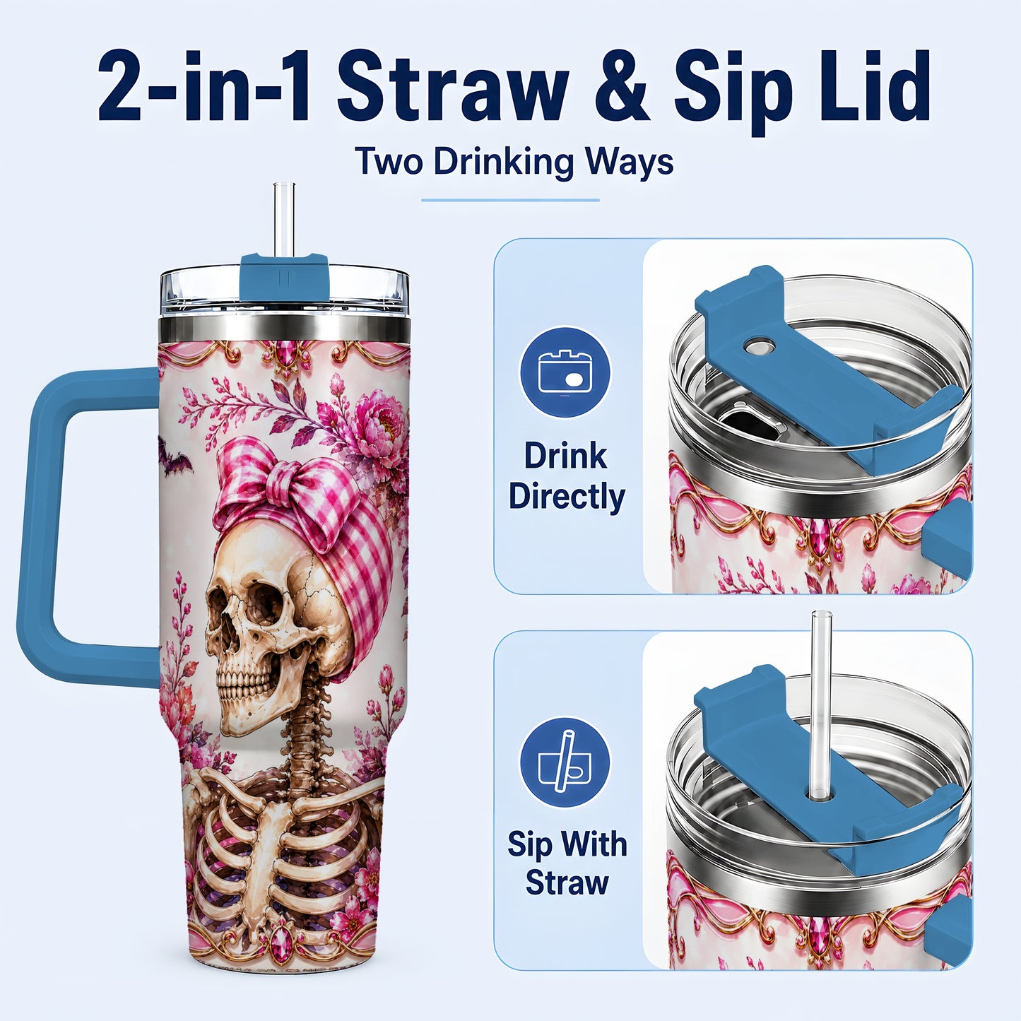 #pl[40oz|Blue] Pink Floral Skeleton 40oz Tumbler, Skull Stainless Steel Travel Cup