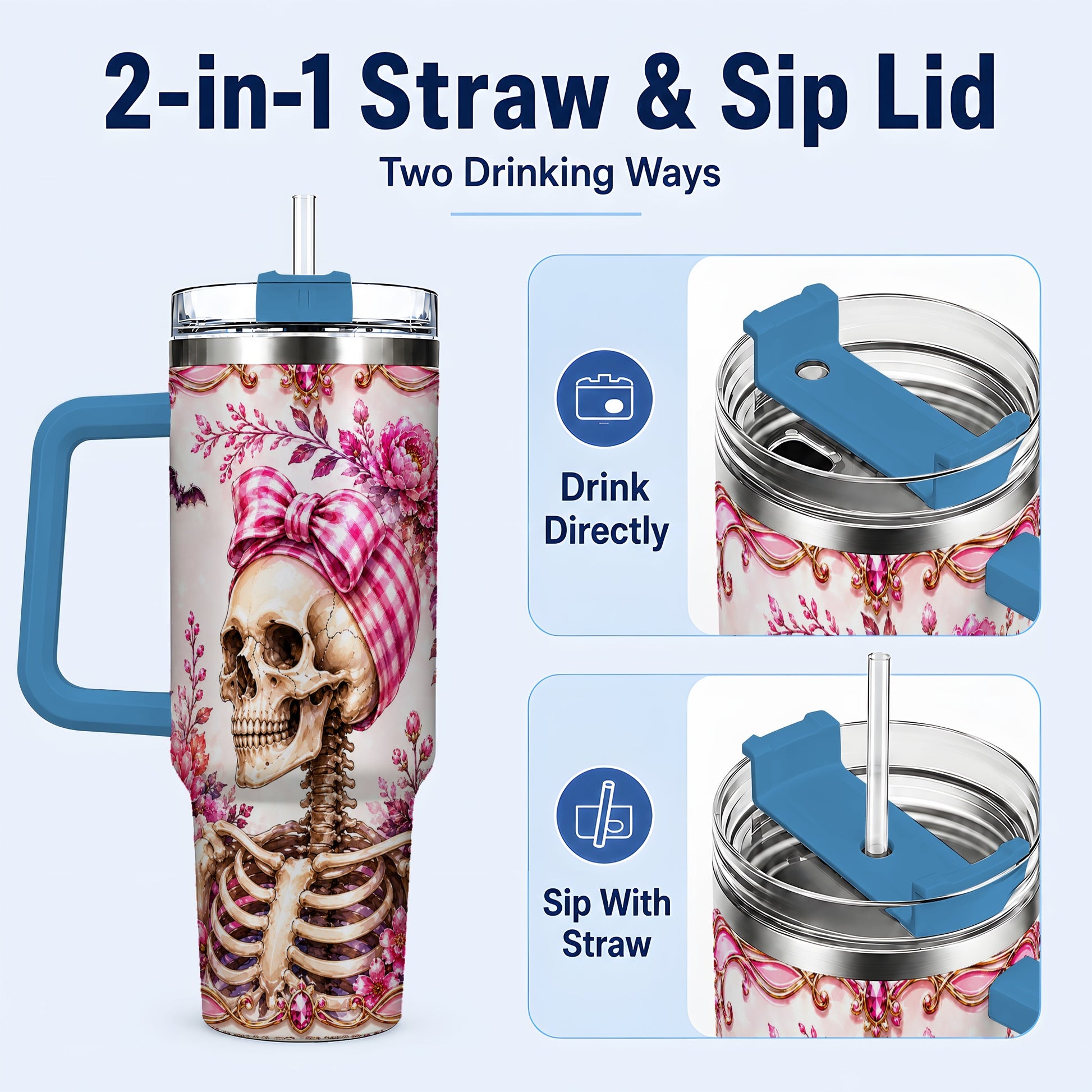 #pl[40oz|Blue] Pink Floral Skeleton 40oz Tumbler, Skull Stainless Steel Travel Cup