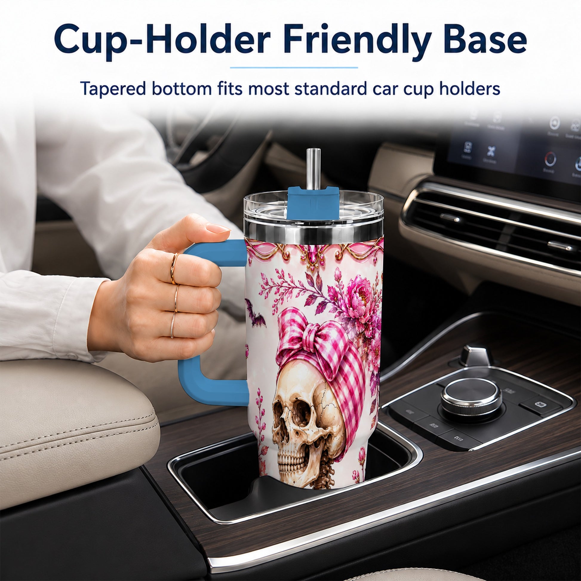 #pl[40oz|Blue] Pink Floral Skeleton 40oz Tumbler, Skull Stainless Steel Travel Cup