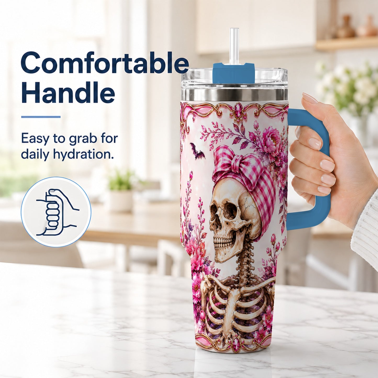#pl[40oz|Blue] Pink Floral Skeleton 40oz Tumbler, Skull Stainless Steel Travel Cup