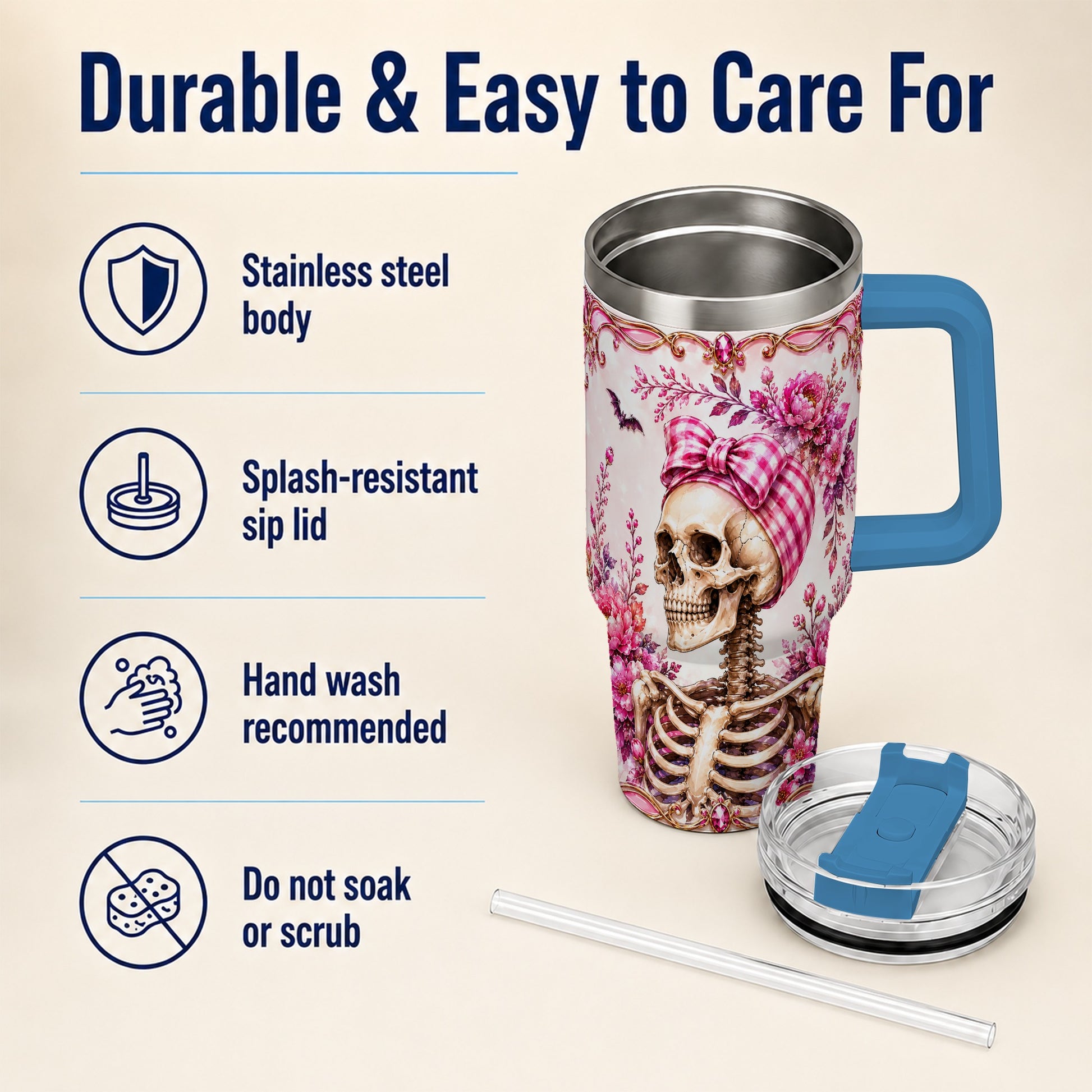 #pl[40oz|Blue] Pink Floral Skeleton 40oz Tumbler, Skull Stainless Steel Travel Cup