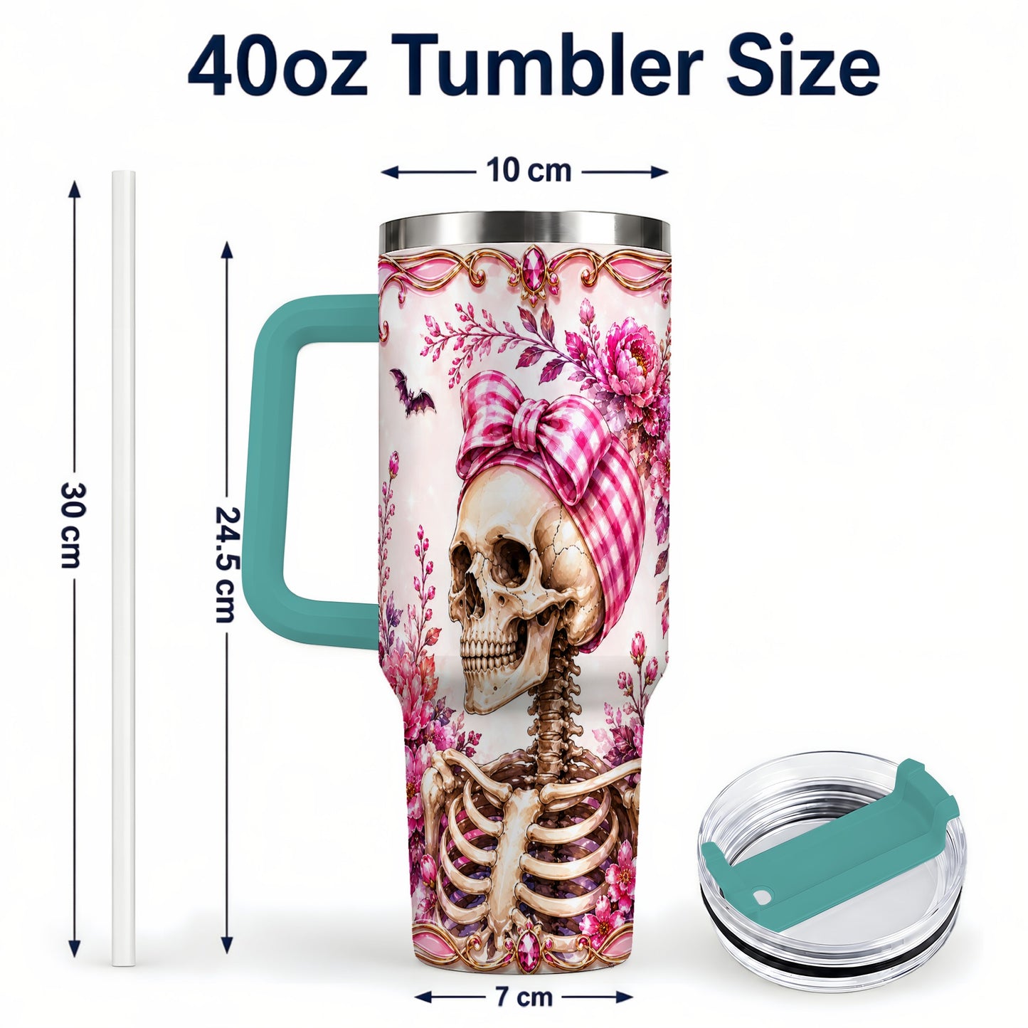 #pl[40oz|Green] Pink Floral Skeleton 40oz Tumbler, Skull Stainless Steel Travel Cup