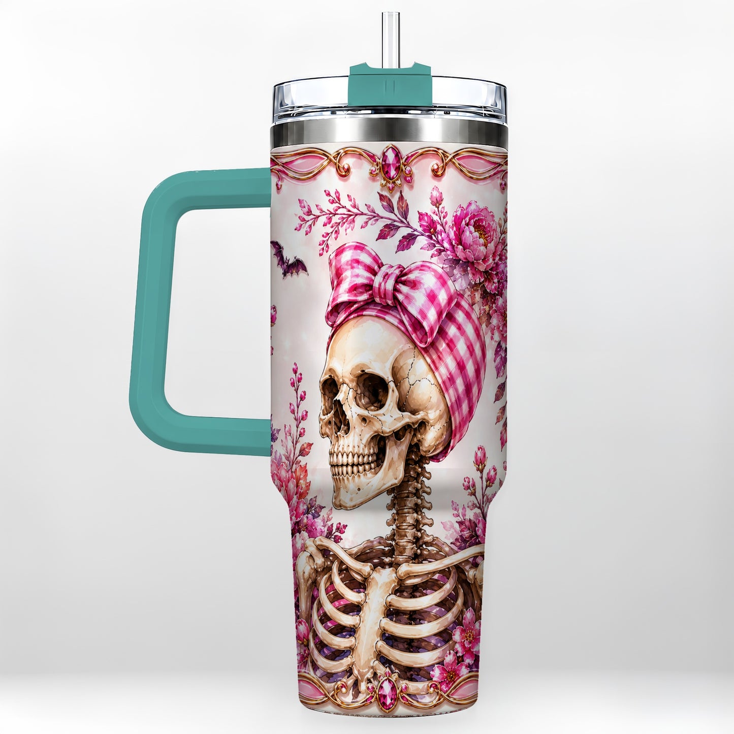 #pl[40oz|Green] Pink Floral Skeleton 40oz Tumbler, Skull Stainless Steel Travel Cup