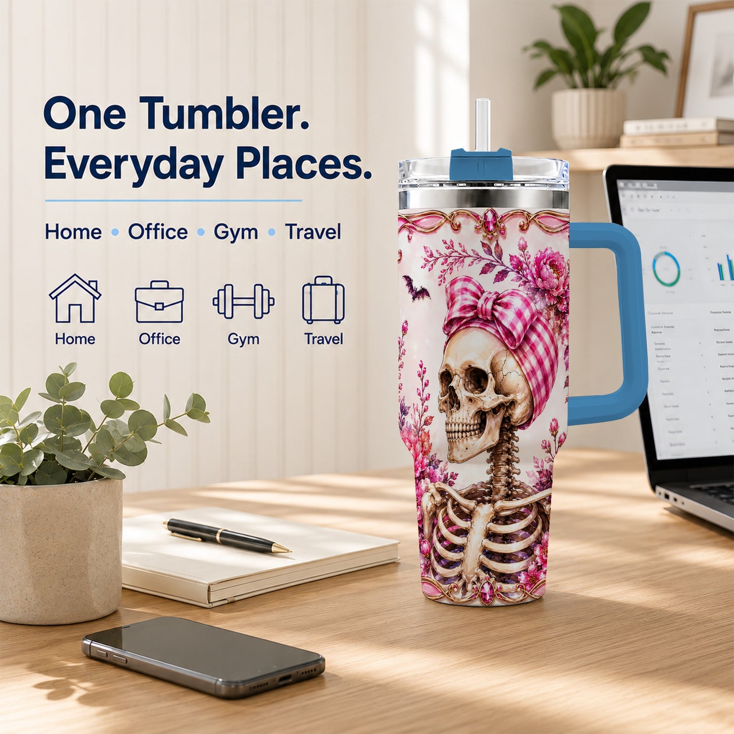 #pl[40oz|Blue] Pink Floral Skeleton 40oz Tumbler, Skull Stainless Steel Travel Cup