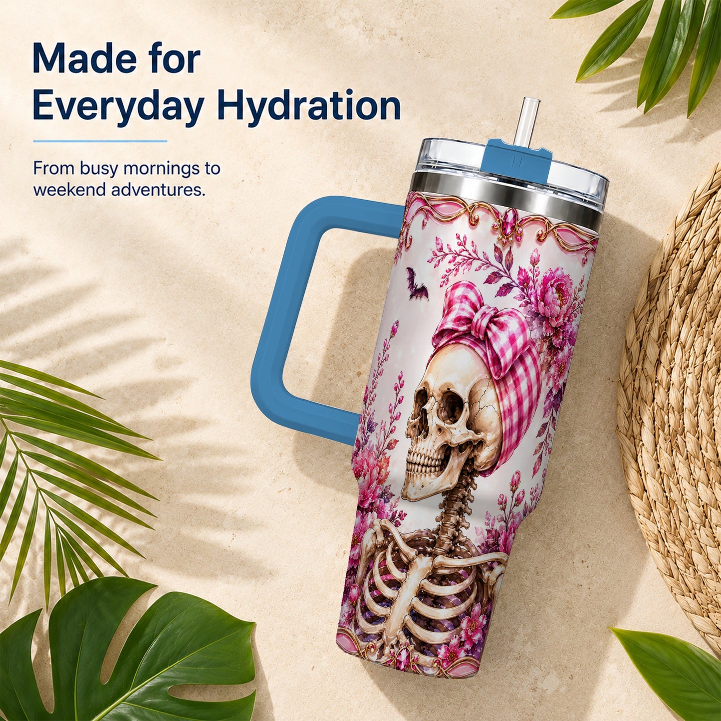 #pl[40oz|Blue] Pink Floral Skeleton 40oz Tumbler, Skull Stainless Steel Travel Cup