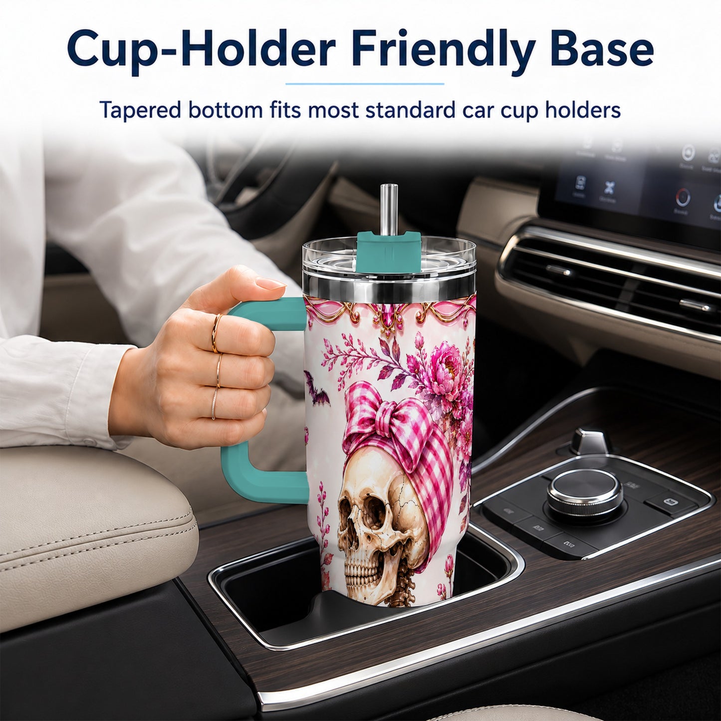 #pl[40oz|Green] Pink Floral Skeleton 40oz Tumbler, Skull Stainless Steel Travel Cup