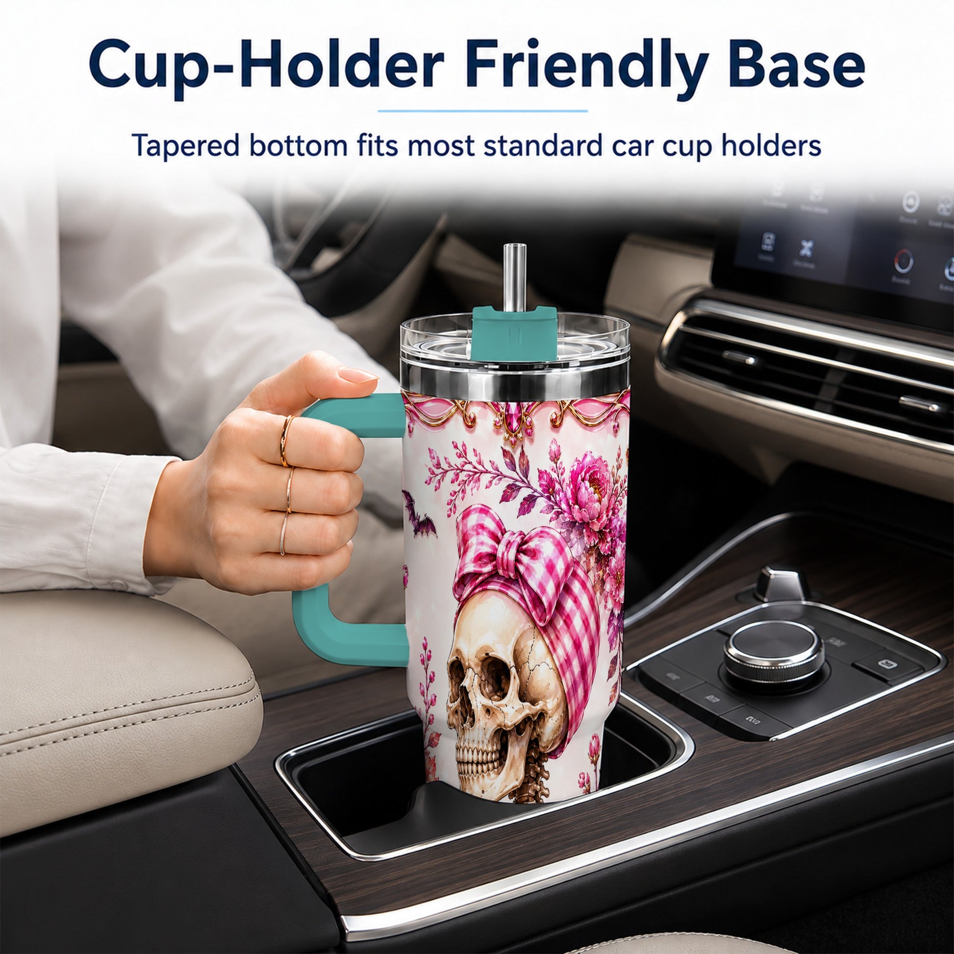 #pl[40oz|Green] Pink Floral Skeleton 40oz Tumbler, Skull Stainless Steel Travel Cup
