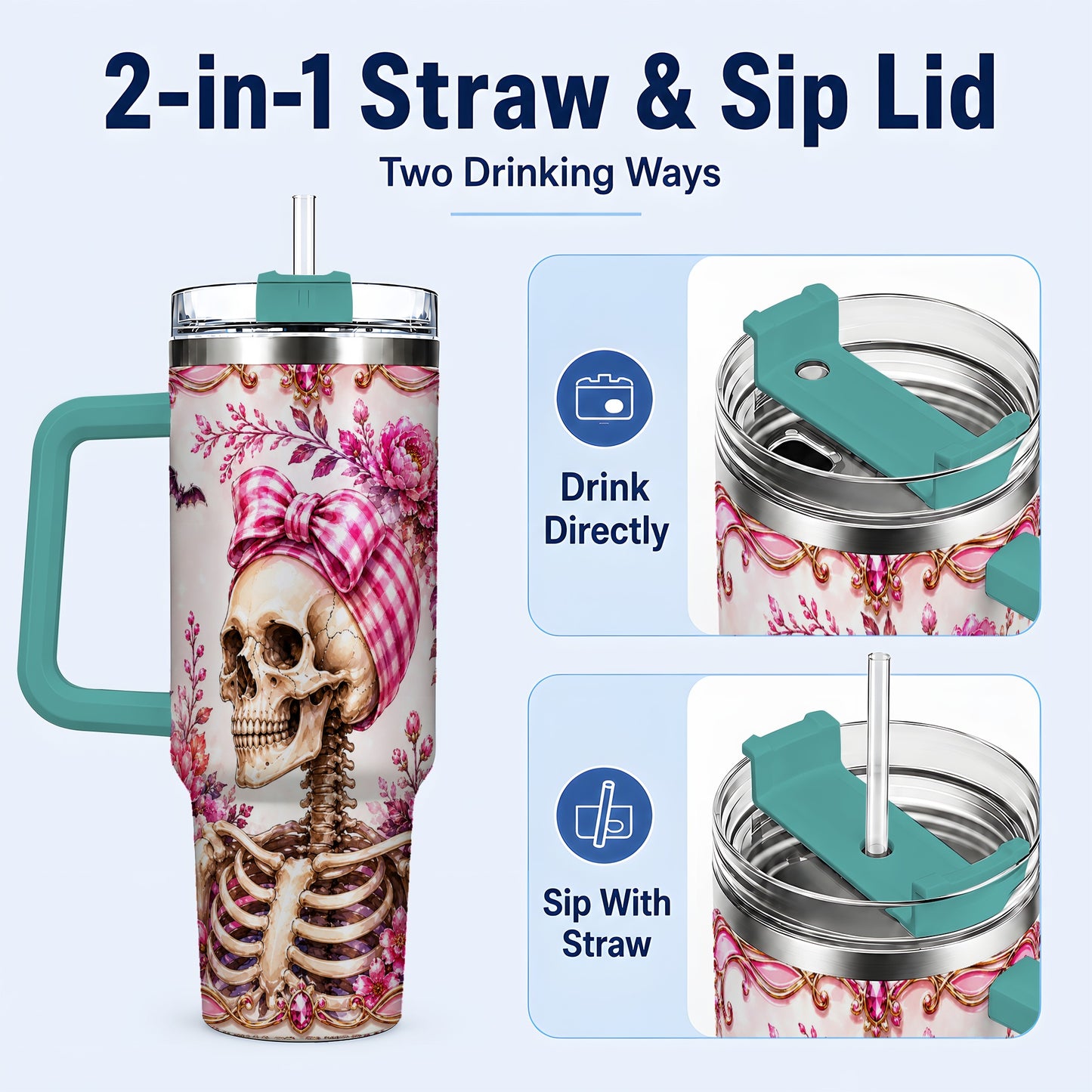 #pl[40oz|Green] Pink Floral Skeleton 40oz Tumbler, Skull Stainless Steel Travel Cup