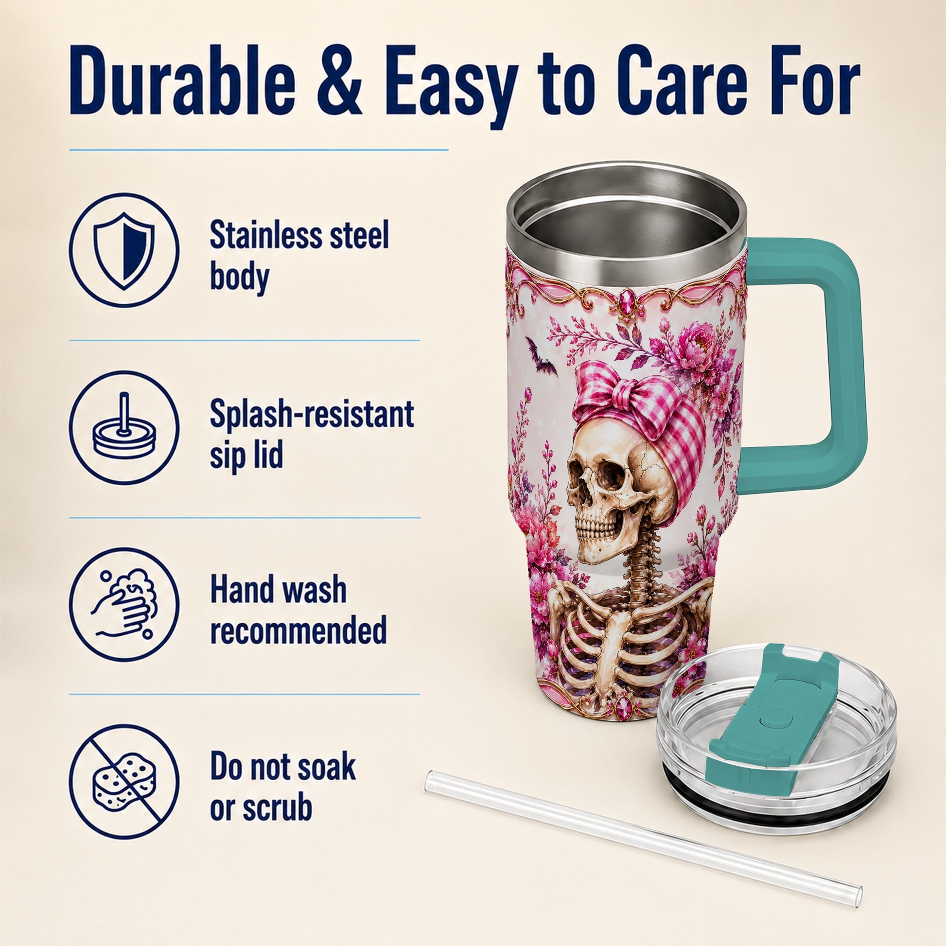 #pl[40oz|Green] Pink Floral Skeleton 40oz Tumbler, Skull Stainless Steel Travel Cup