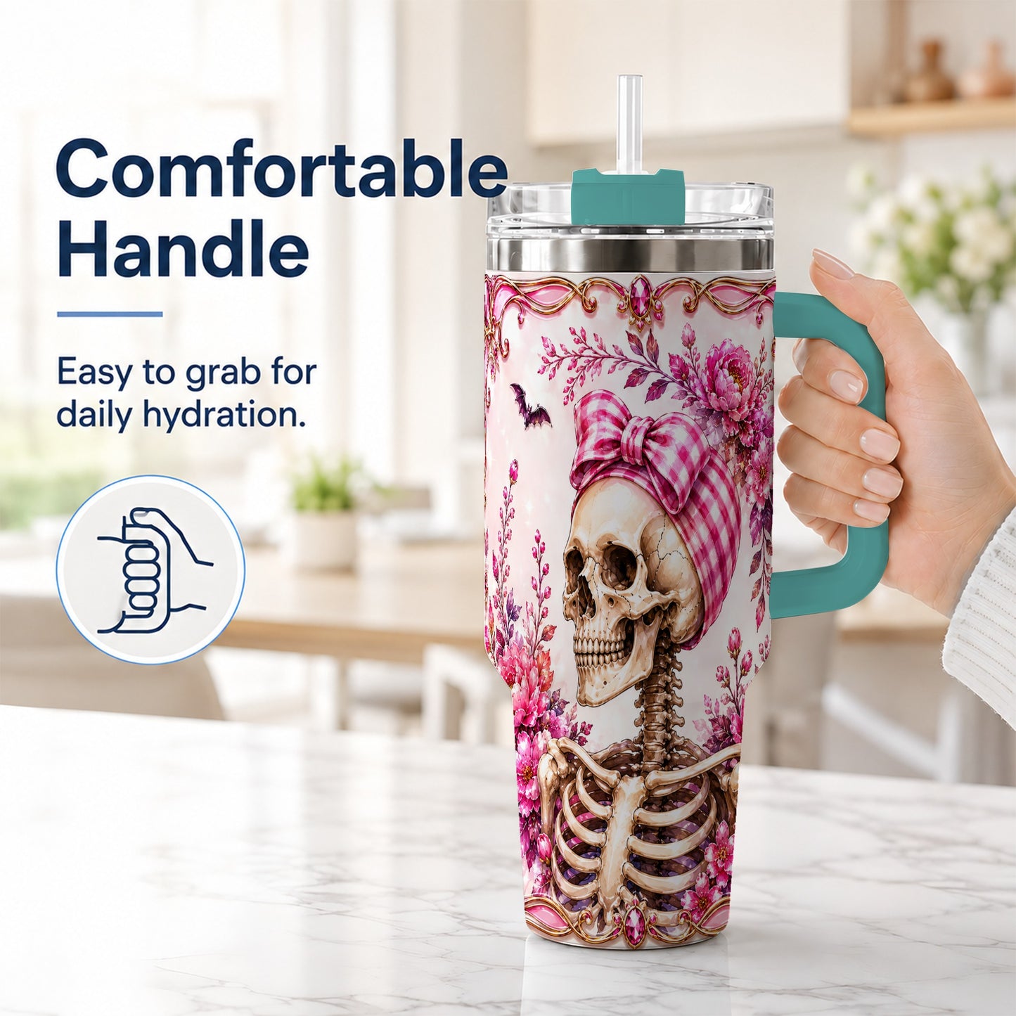 #pl[40oz|Green] Pink Floral Skeleton 40oz Tumbler, Skull Stainless Steel Travel Cup
