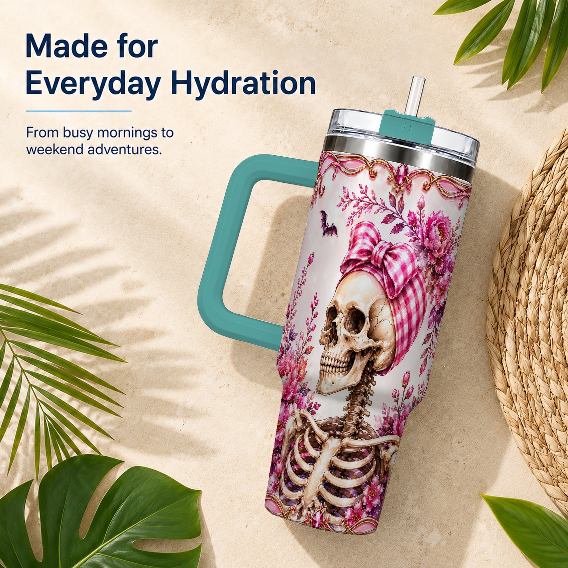 #pl[40oz|Green] Pink Floral Skeleton 40oz Tumbler, Skull Stainless Steel Travel Cup