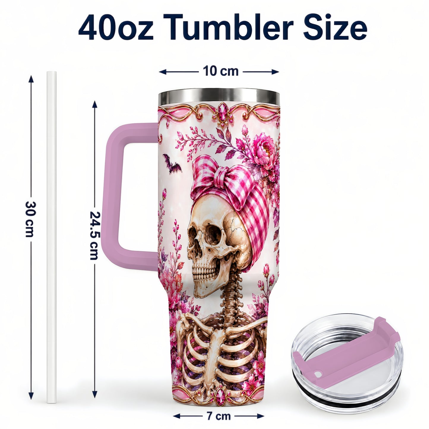 #pl[40oz|Pink] Pink Floral Skeleton 40oz Tumbler, Skull Stainless Steel Travel Cup