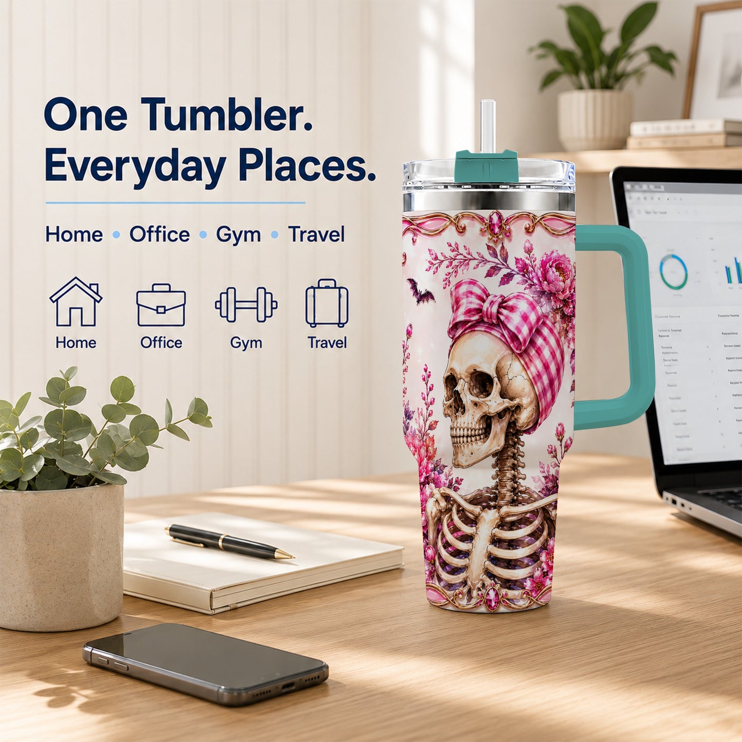 #pl[40oz|Green] Pink Floral Skeleton 40oz Tumbler, Skull Stainless Steel Travel Cup