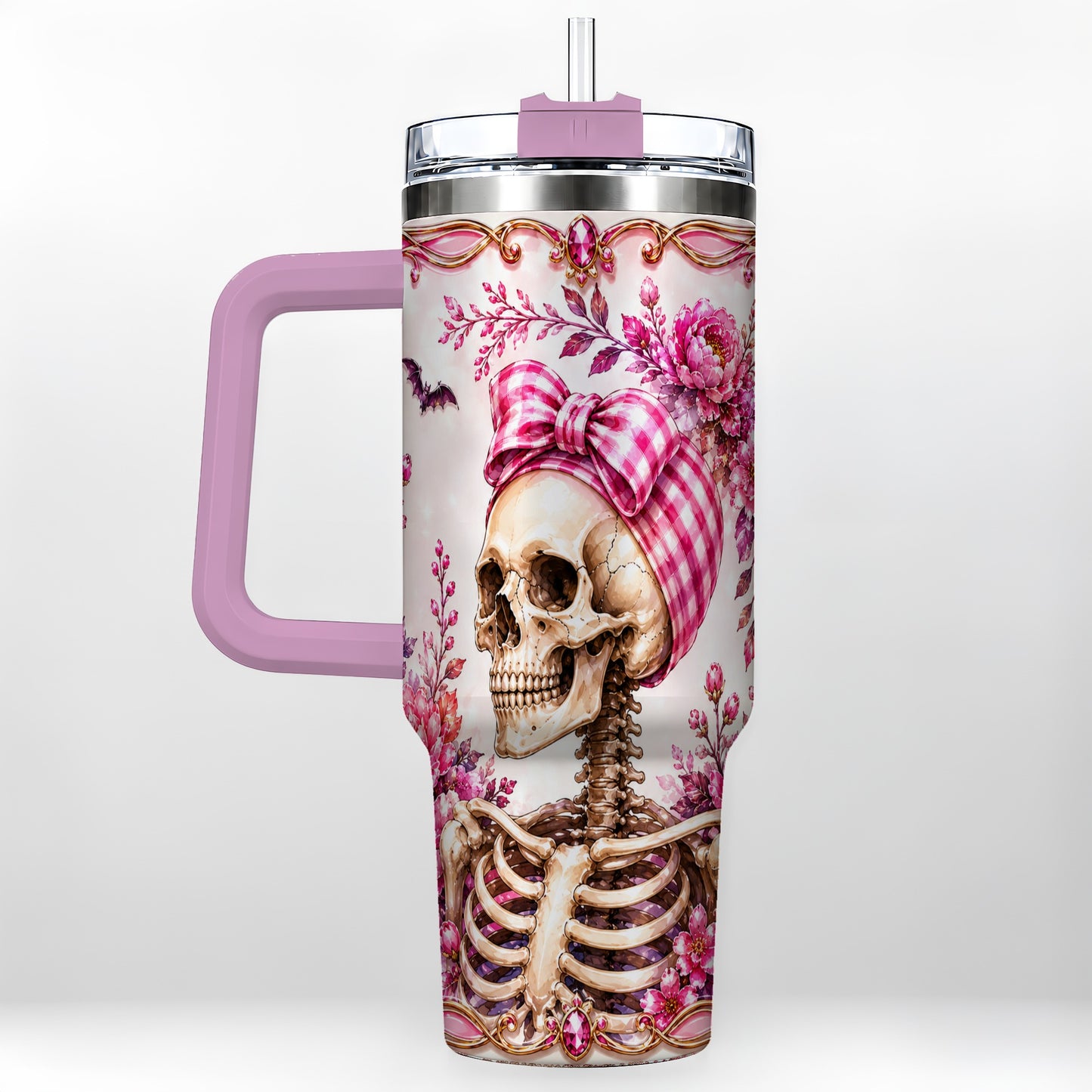 #pl[40oz|Pink] Pink Floral Skeleton 40oz Tumbler, Skull Stainless Steel Travel Cup