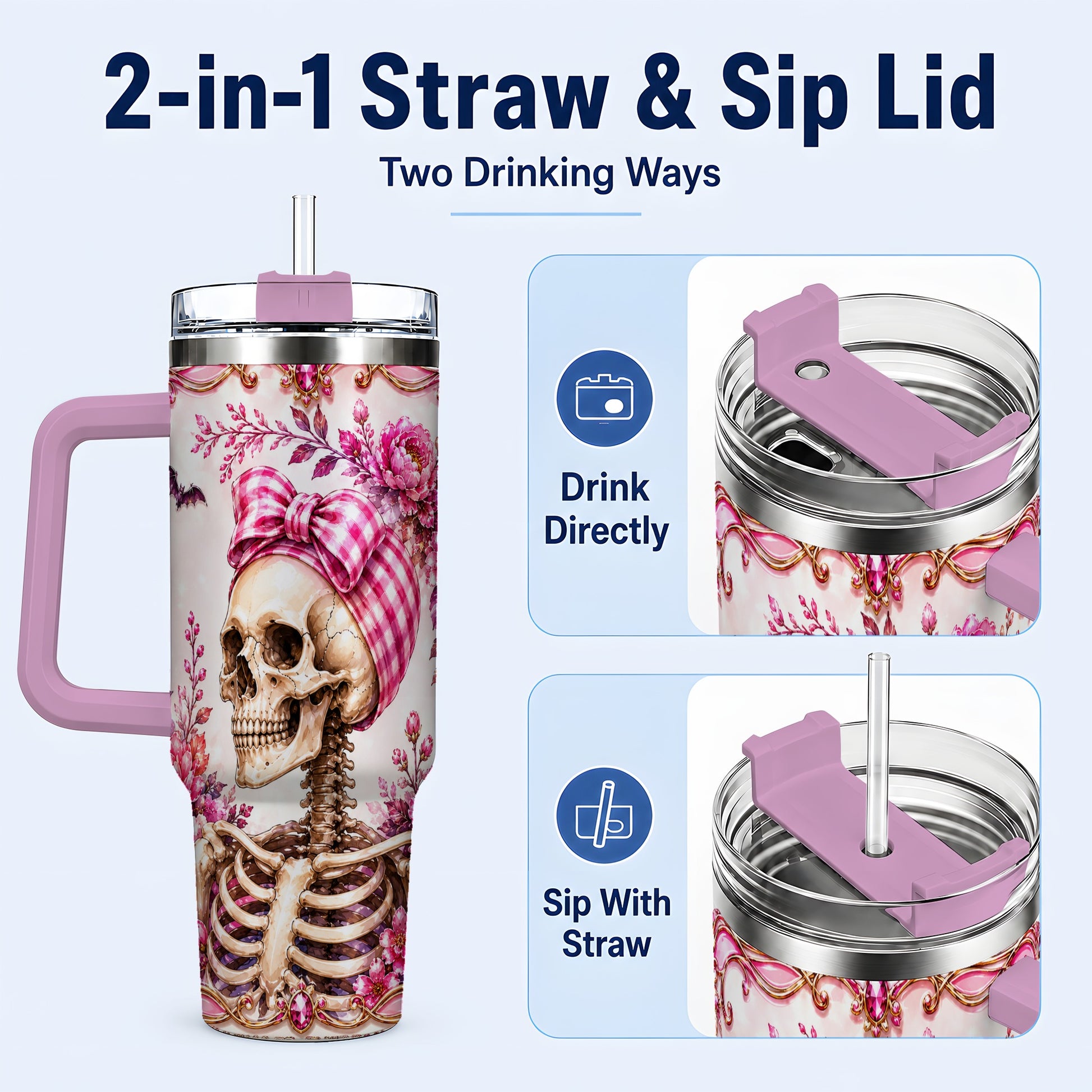 #pl[40oz|Pink] Pink Floral Skeleton 40oz Tumbler, Skull Stainless Steel Travel Cup