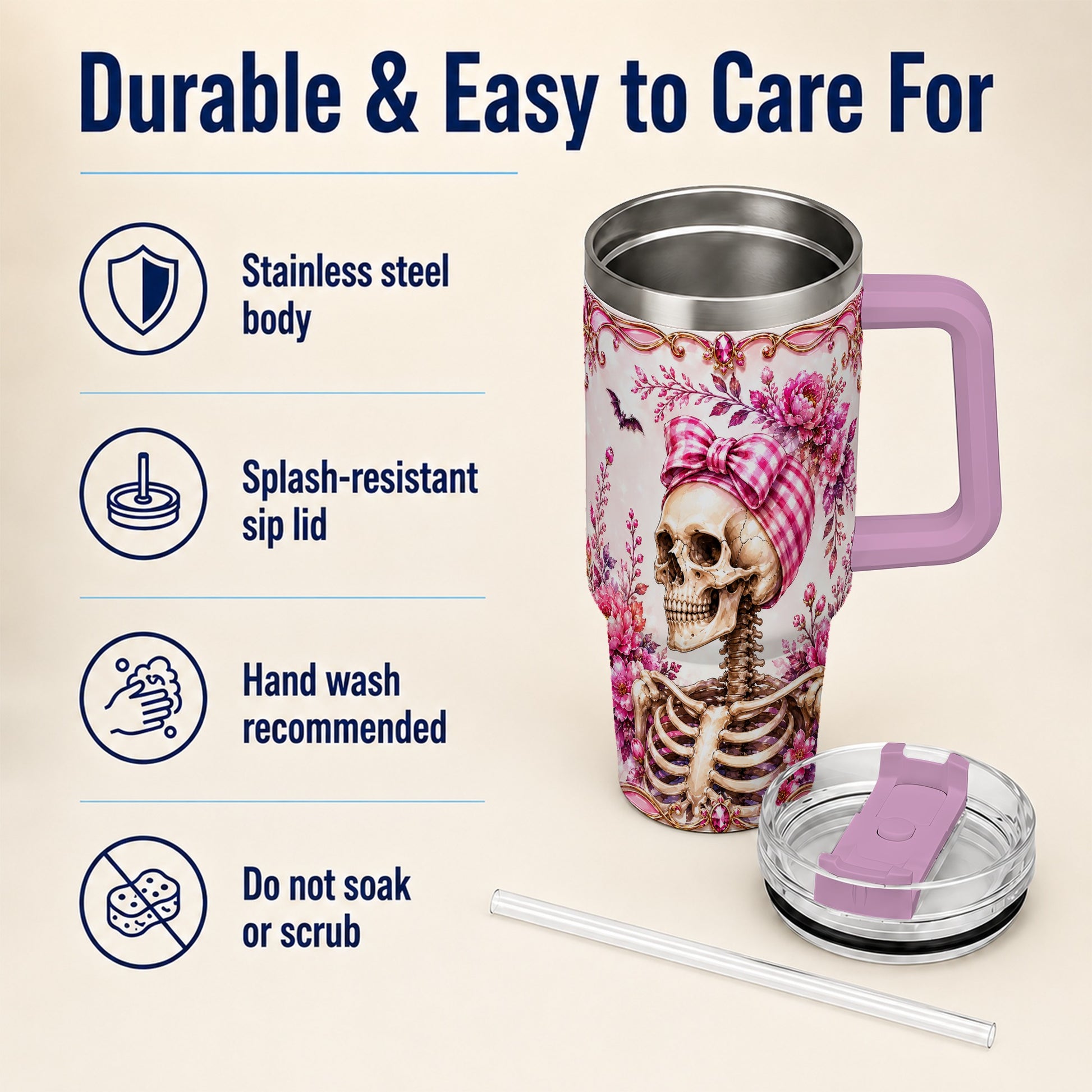 #pl[40oz|Pink] Pink Floral Skeleton 40oz Tumbler, Skull Stainless Steel Travel Cup