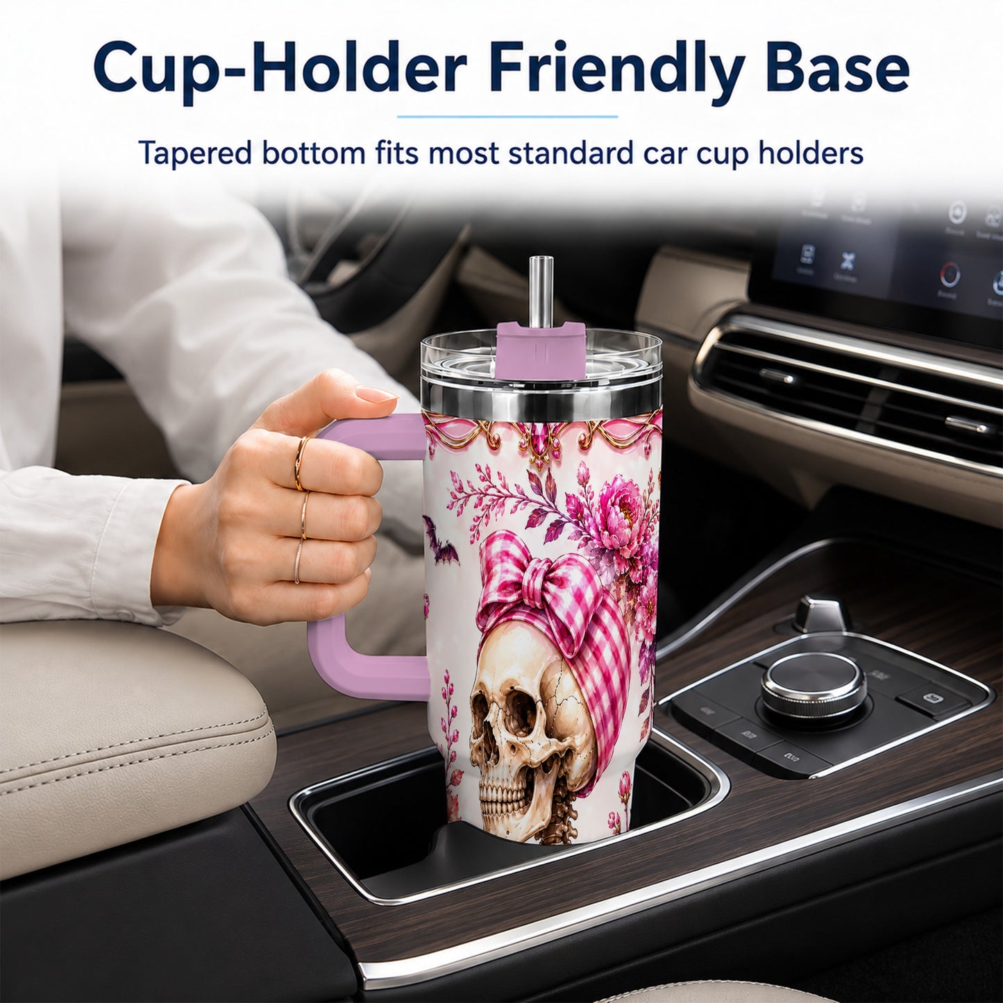 #pl[40oz|Pink] Pink Floral Skeleton 40oz Tumbler, Skull Stainless Steel Travel Cup