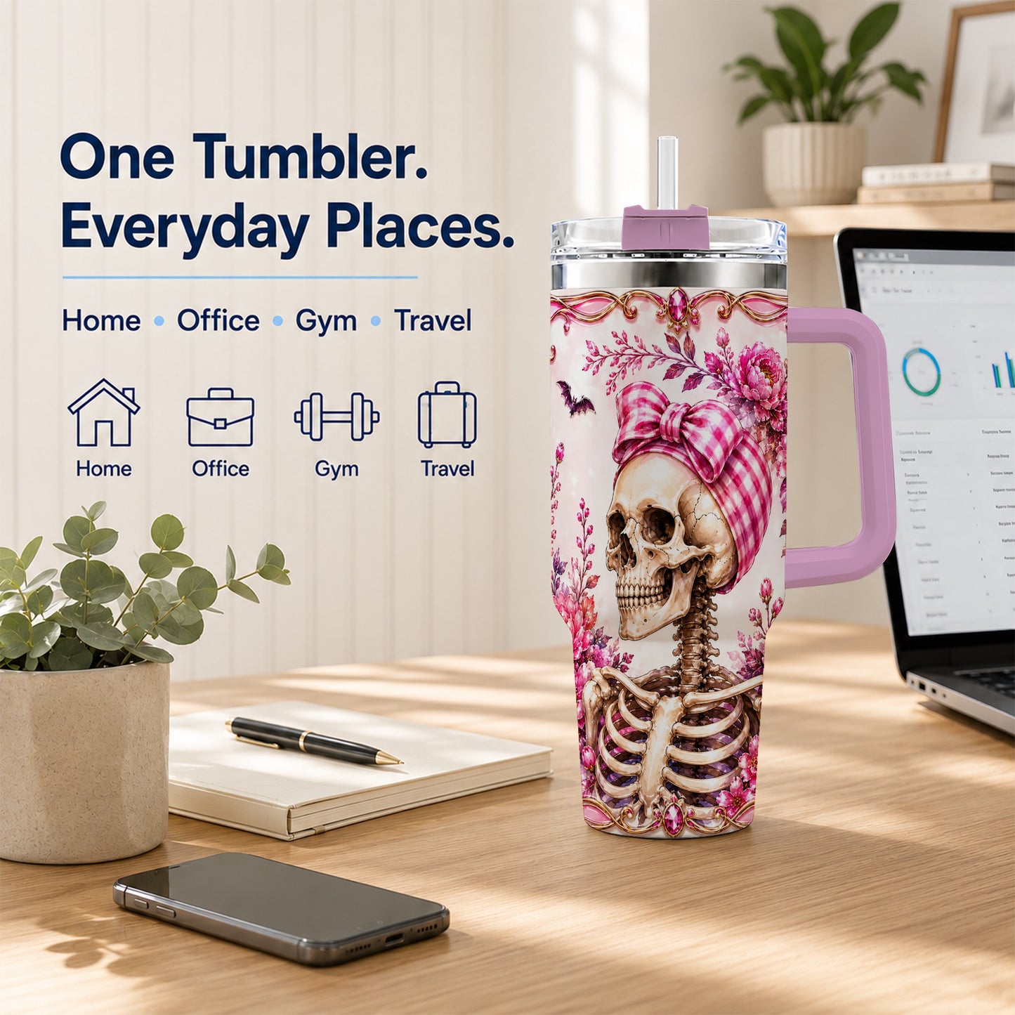 #pl[40oz|Pink] Pink Floral Skeleton 40oz Tumbler, Skull Stainless Steel Travel Cup