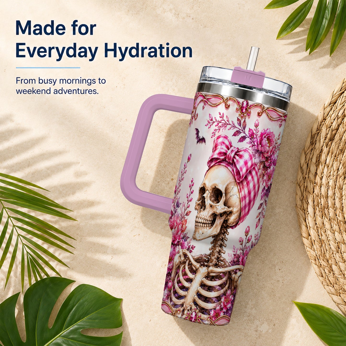 #pl[40oz|Pink] Pink Floral Skeleton 40oz Tumbler, Skull Stainless Steel Travel Cup
