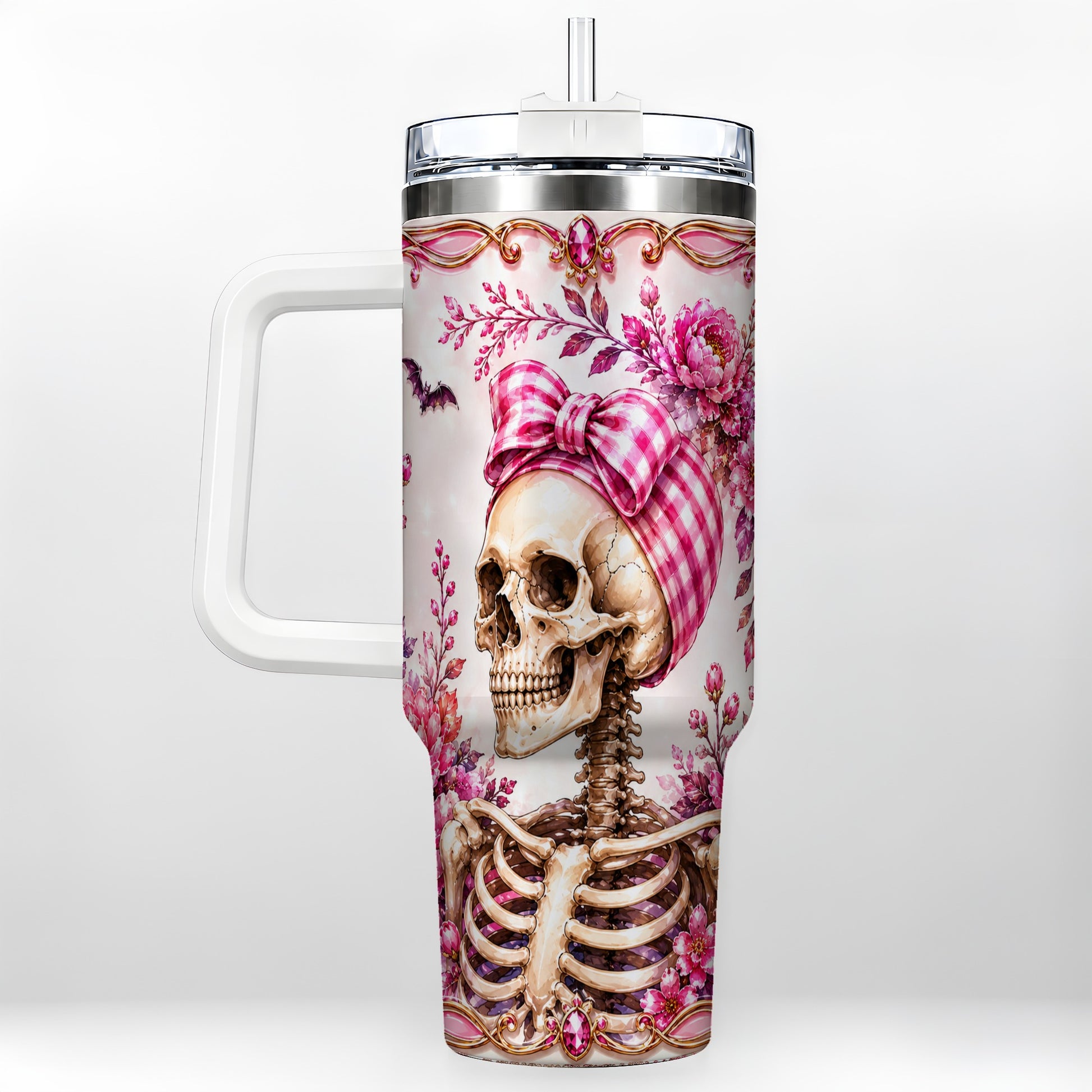 #pl[40oz|White] Pink Floral Skeleton 40oz Tumbler, Skull Stainless Steel Travel Cup