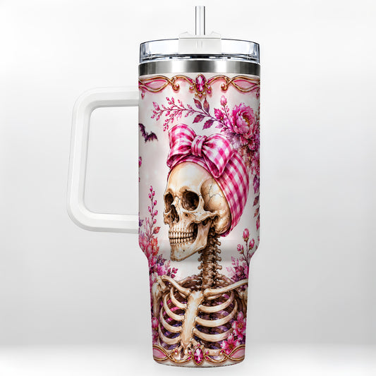 #pl[40oz|White] Pink Floral Skeleton 40oz Tumbler, Skull Stainless Steel Travel Cup