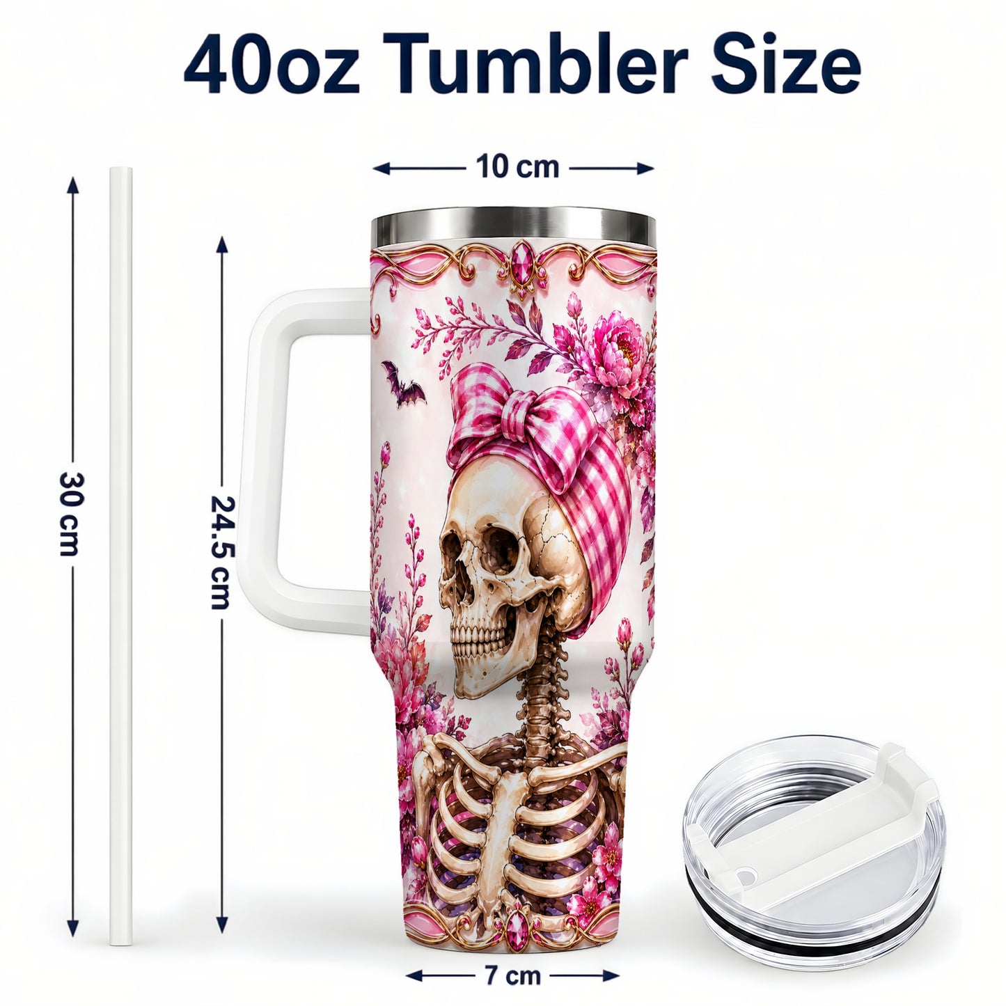 #pl[40oz|White] Pink Floral Skeleton 40oz Tumbler, Skull Stainless Steel Travel Cup