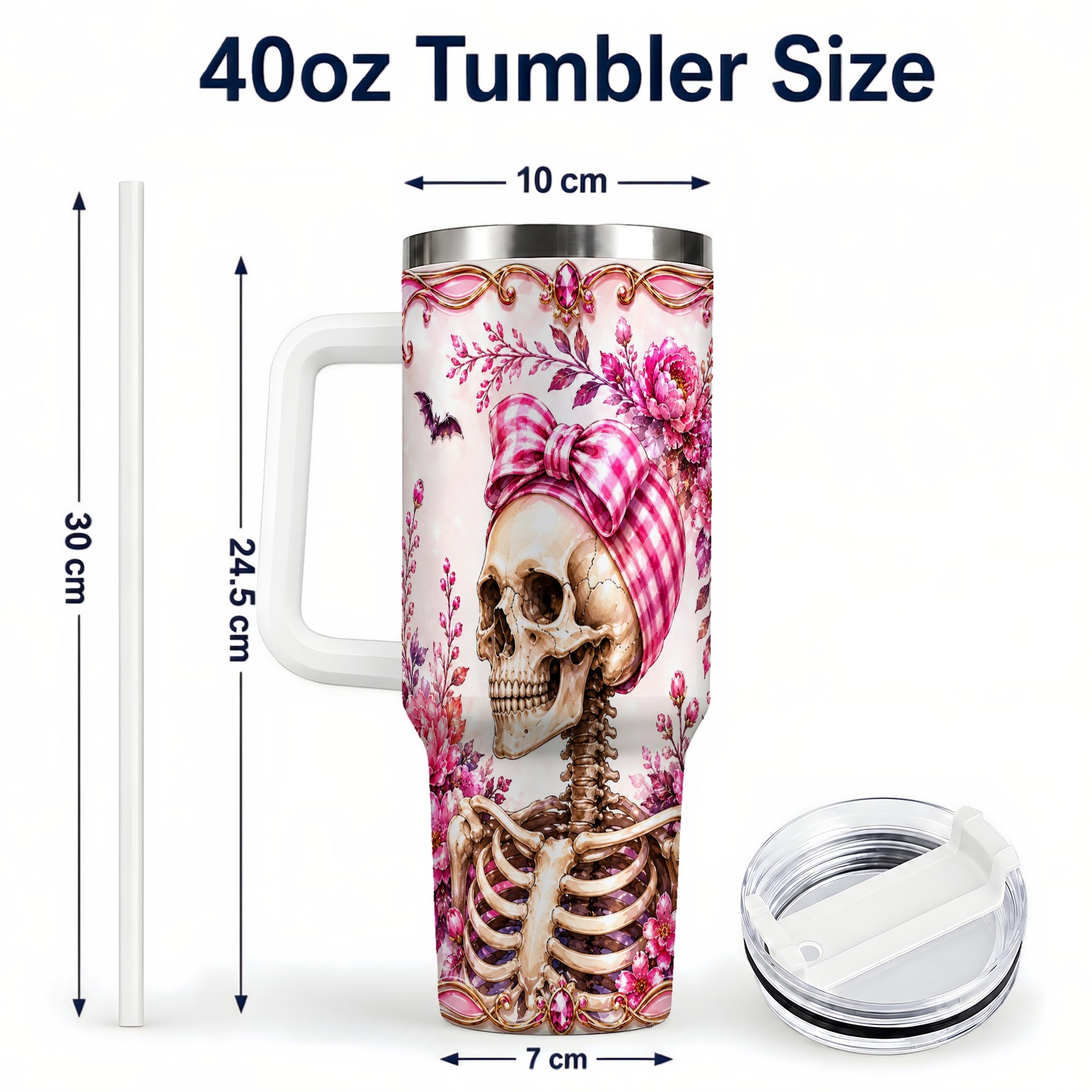 #pl[40oz|White] Pink Floral Skeleton 40oz Tumbler, Skull Stainless Steel Travel Cup