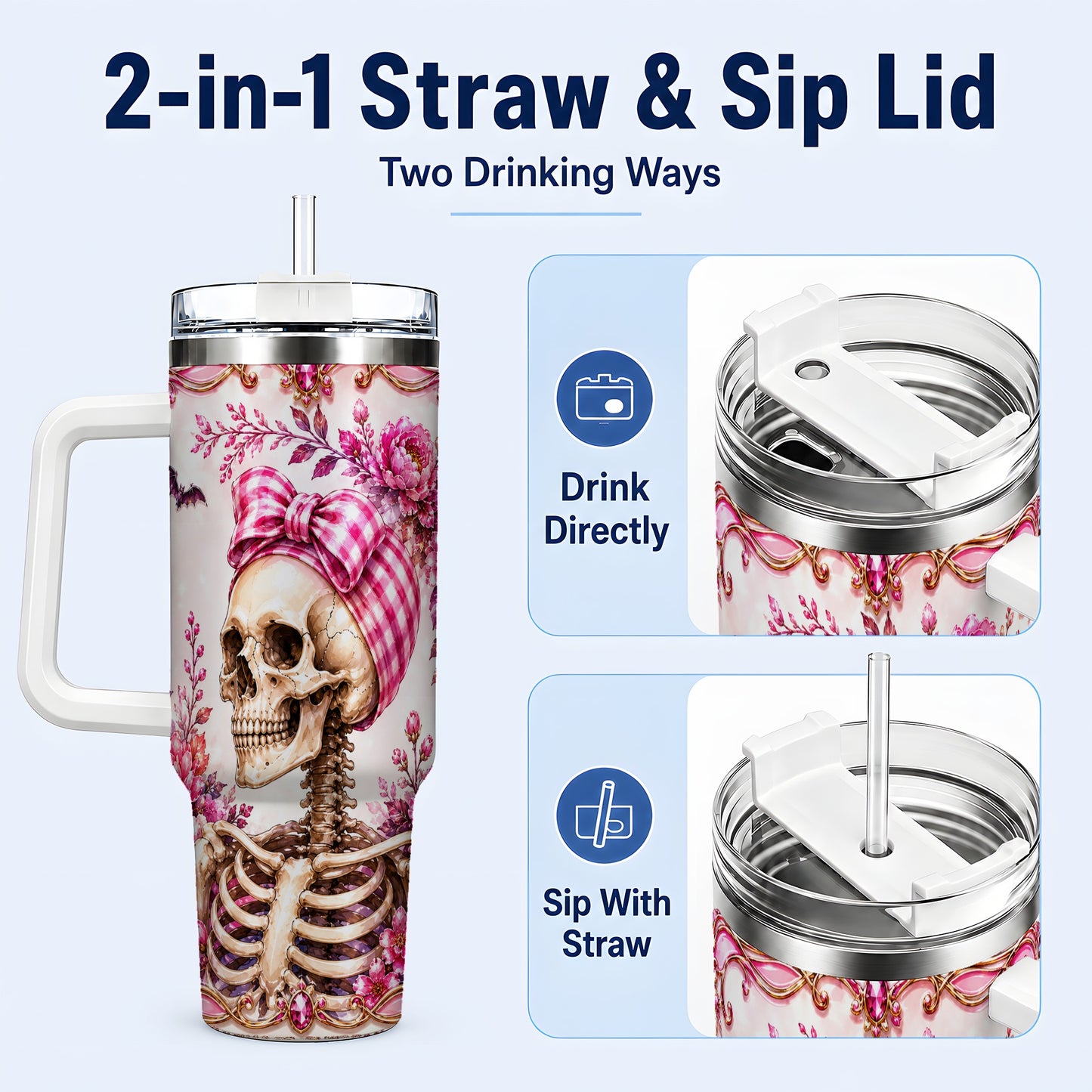 #pl[40oz|White] Pink Floral Skeleton 40oz Tumbler, Skull Stainless Steel Travel Cup