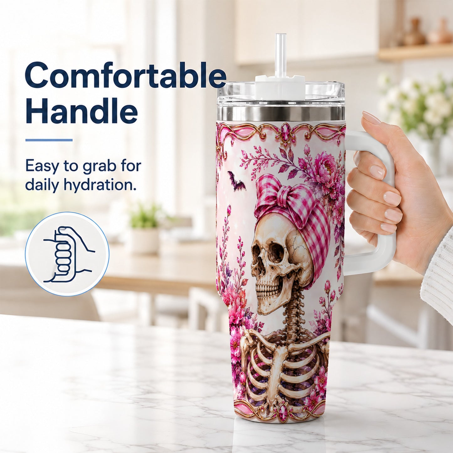 #pl[40oz|White] Pink Floral Skeleton 40oz Tumbler, Skull Stainless Steel Travel Cup