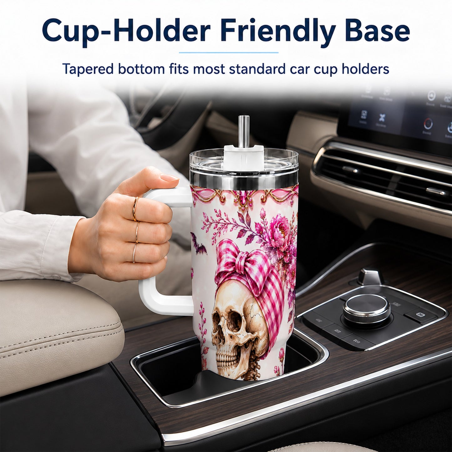 #pl[40oz|White] Pink Floral Skeleton 40oz Tumbler, Skull Stainless Steel Travel Cup
