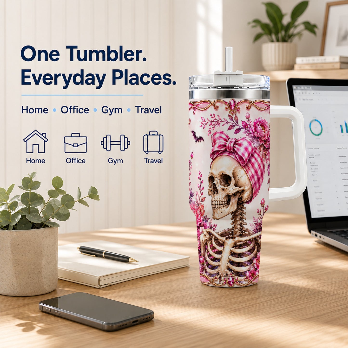 #pl[40oz|White] Pink Floral Skeleton 40oz Tumbler, Skull Stainless Steel Travel Cup