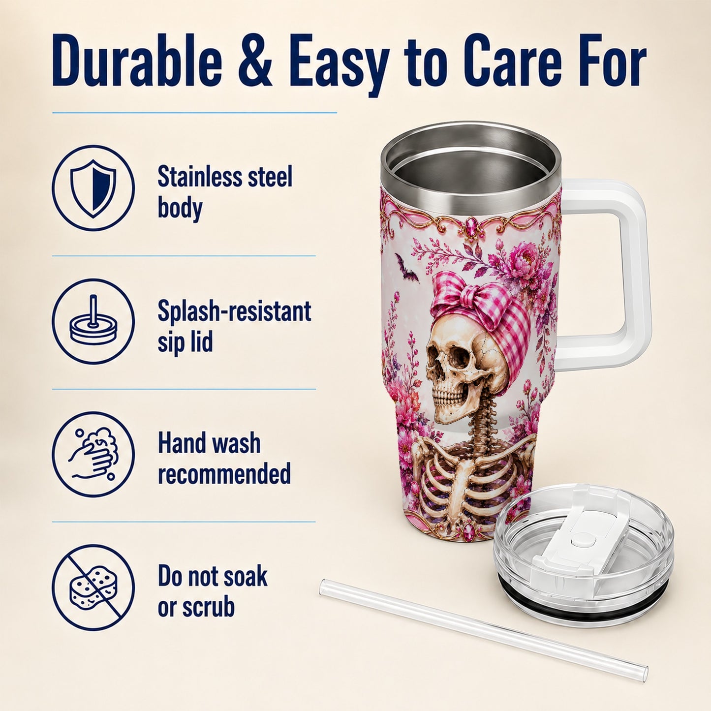 #pl[40oz|White] Pink Floral Skeleton 40oz Tumbler, Skull Stainless Steel Travel Cup