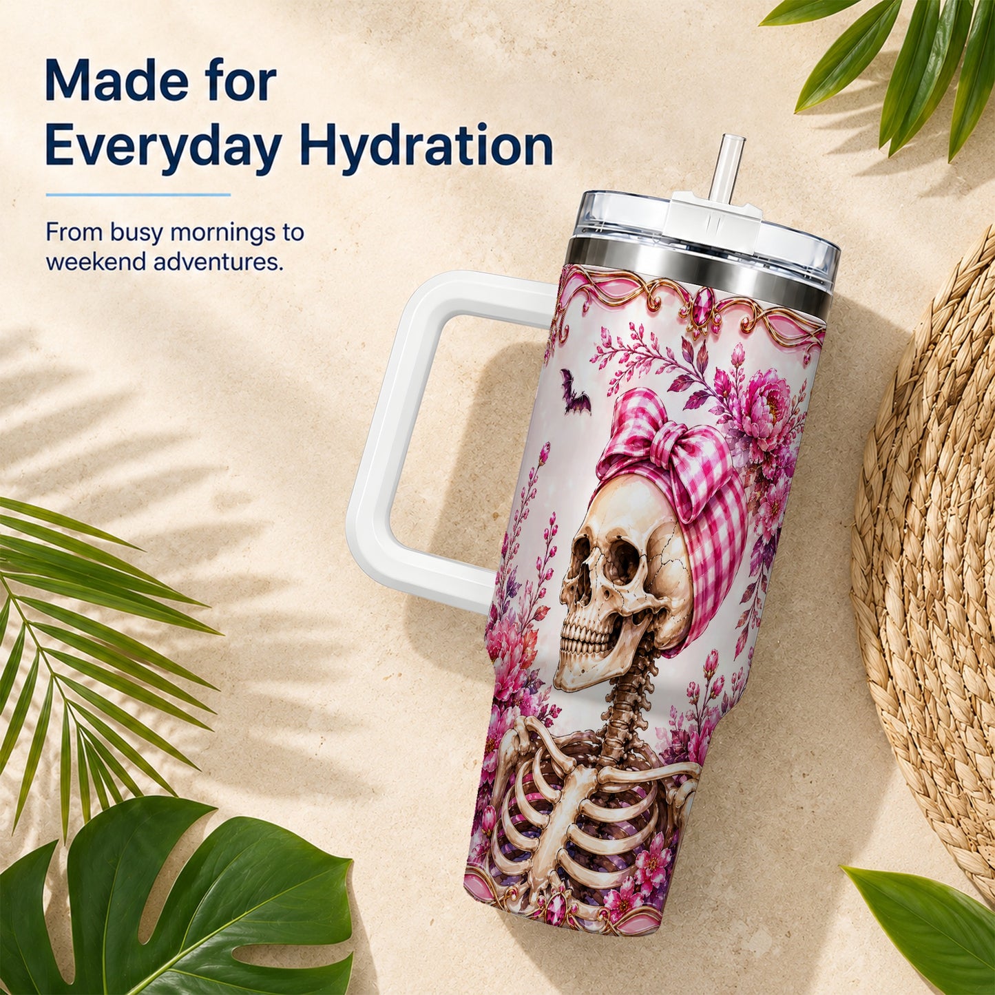 #pl[40oz|White] Pink Floral Skeleton 40oz Tumbler, Skull Stainless Steel Travel Cup