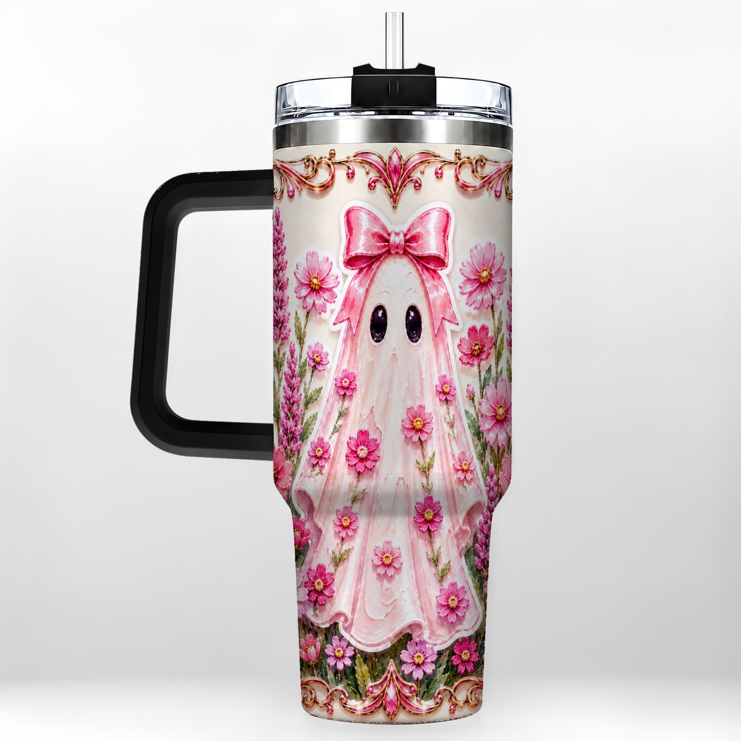 #pl[40oz|Black] Pink Floral Ghost 40oz Tumbler, Halloween Stainless Steel Travel Cup