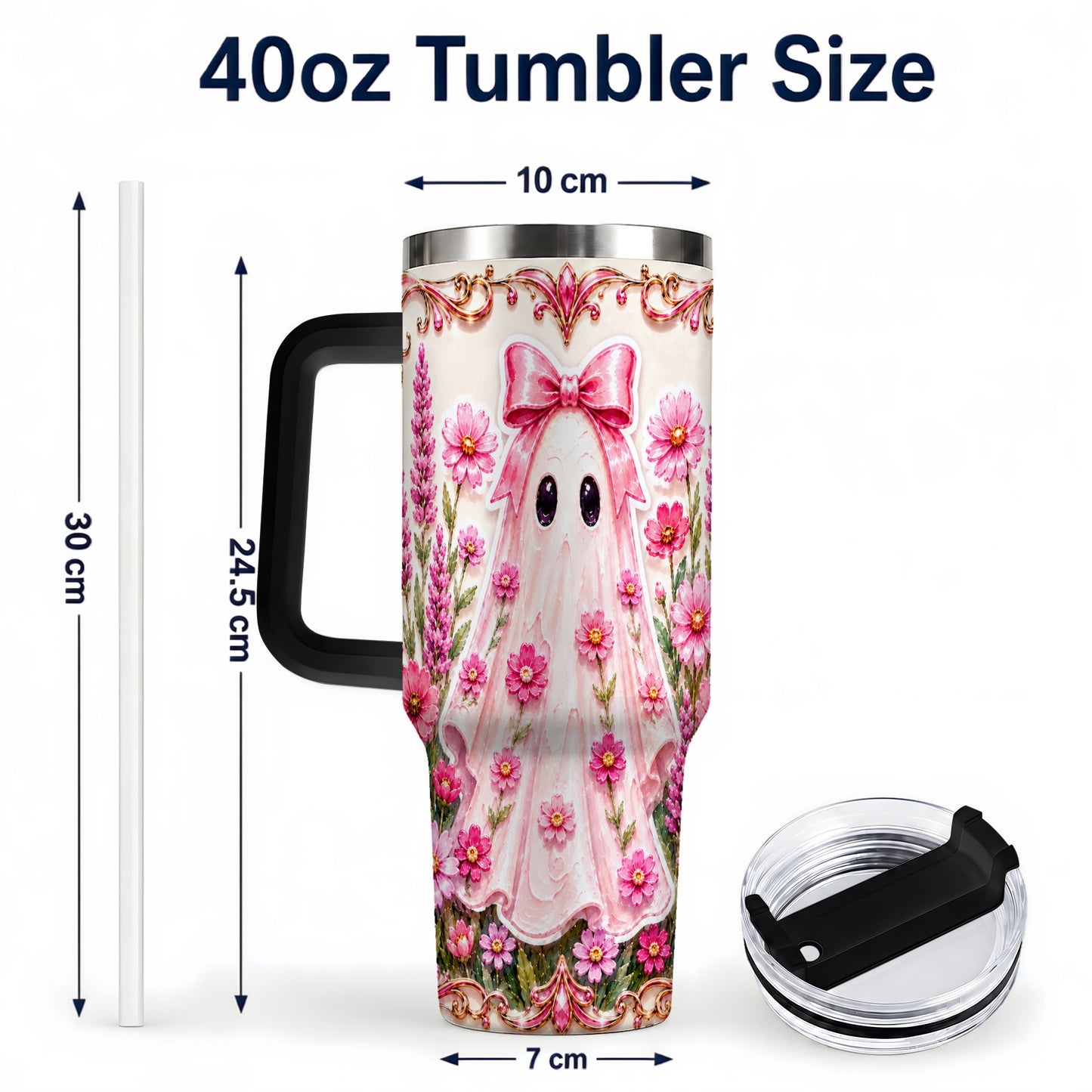 #pl[40oz|Black] Pink Floral Ghost 40oz Tumbler, Halloween Stainless Steel Travel Cup