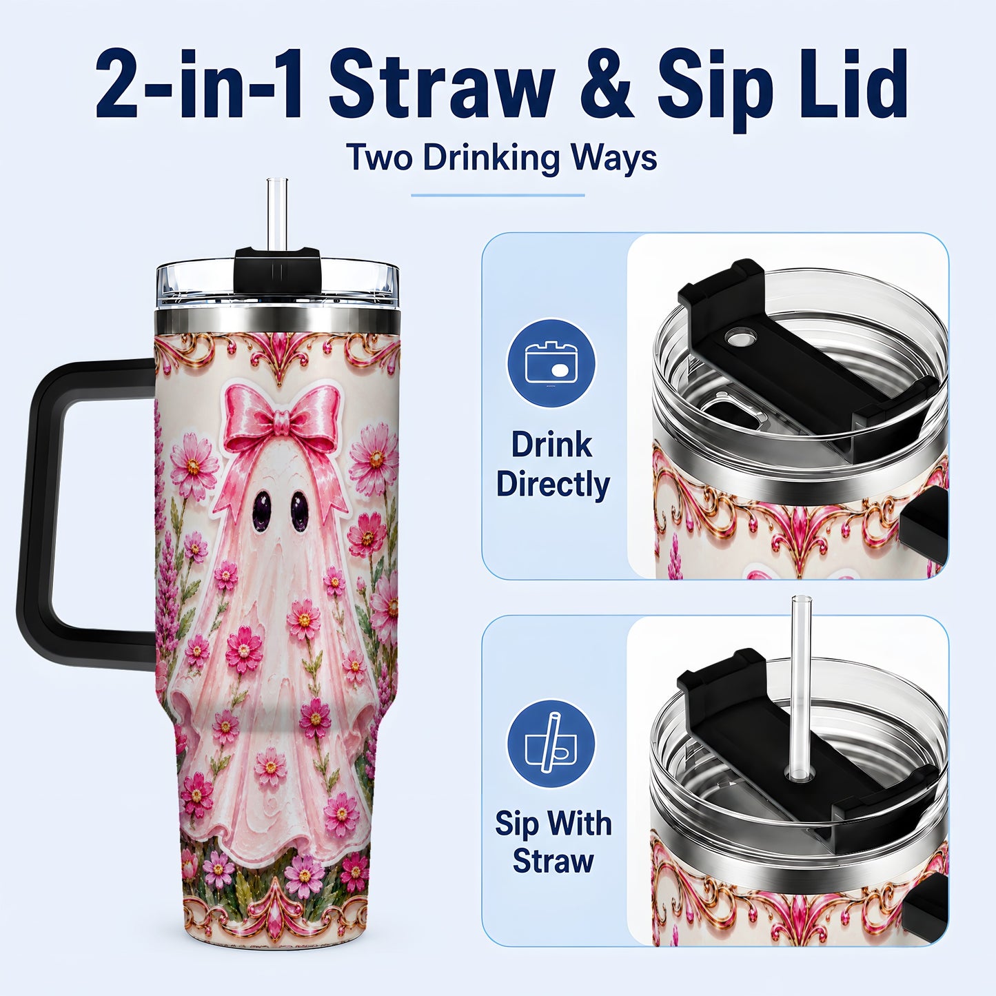 #pl[40oz|Black] Pink Floral Ghost 40oz Tumbler, Halloween Stainless Steel Travel Cup