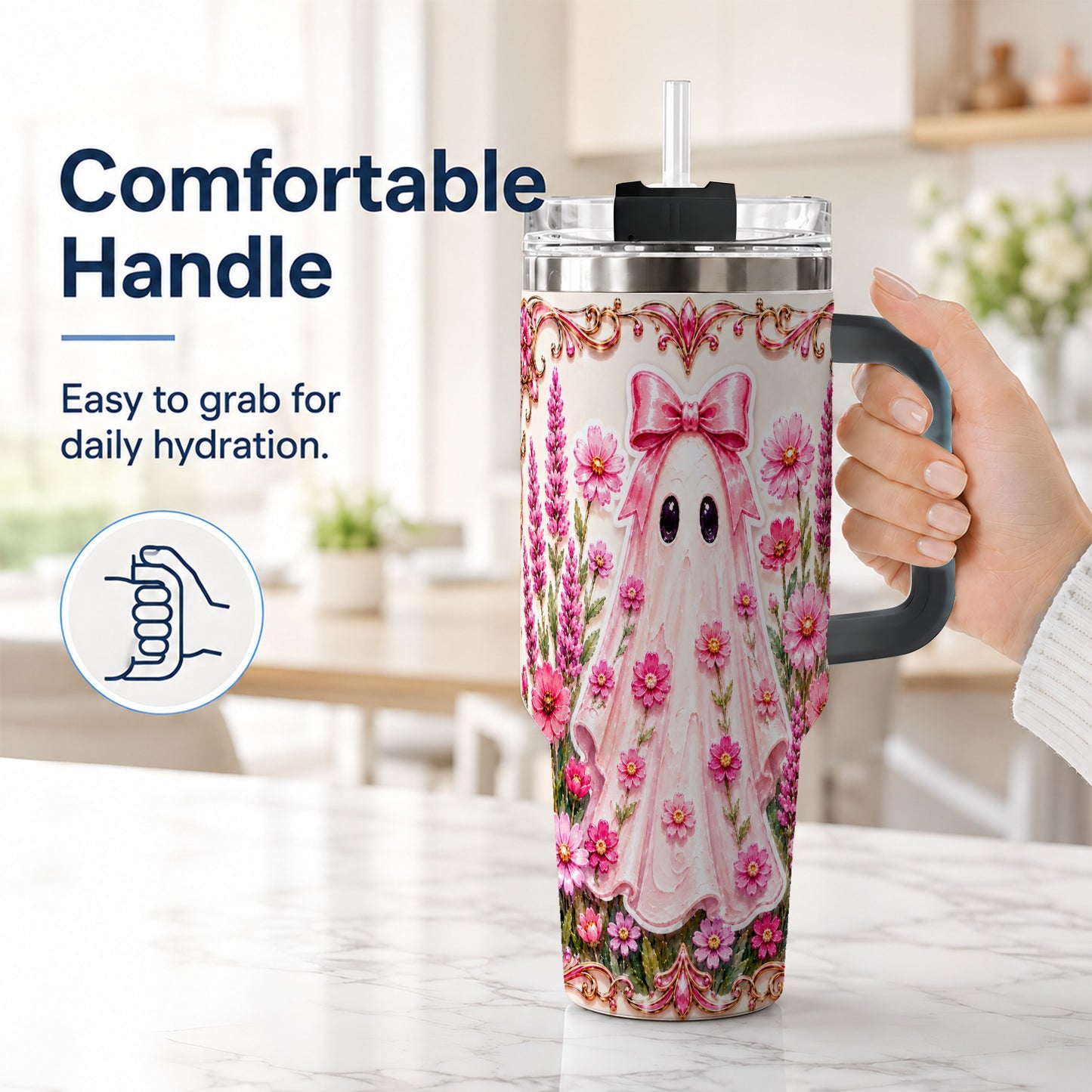 #pl[40oz|Black] Pink Floral Ghost 40oz Tumbler, Halloween Stainless Steel Travel Cup